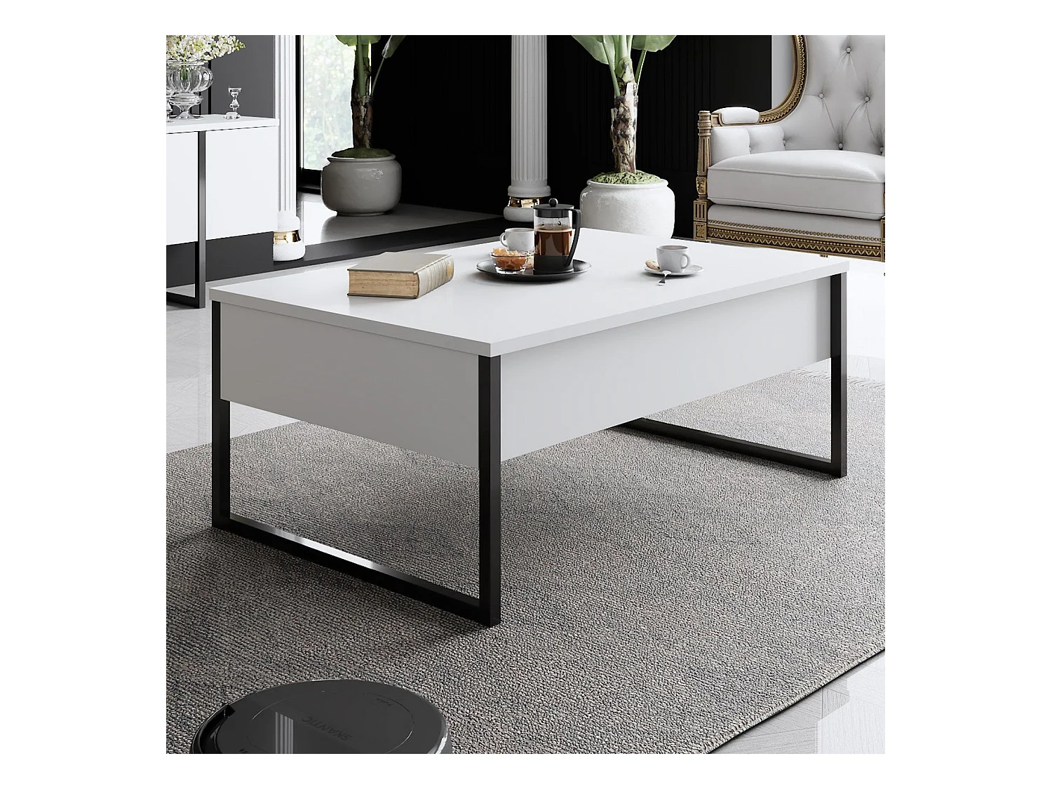 Table basse Sibylle 60x90cm Métal Noir et Bois Blanc