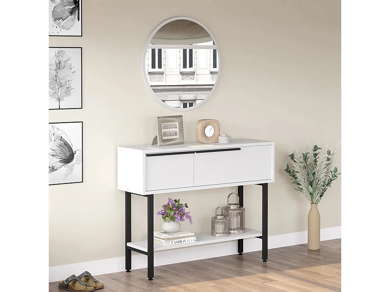 Console style industriel avec miroir Evelis Blanc