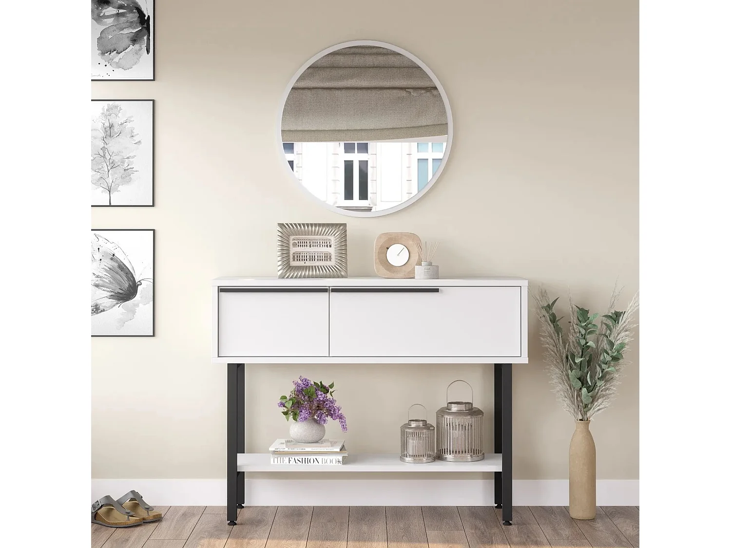Console style industriel avec miroir Evelis Blanc