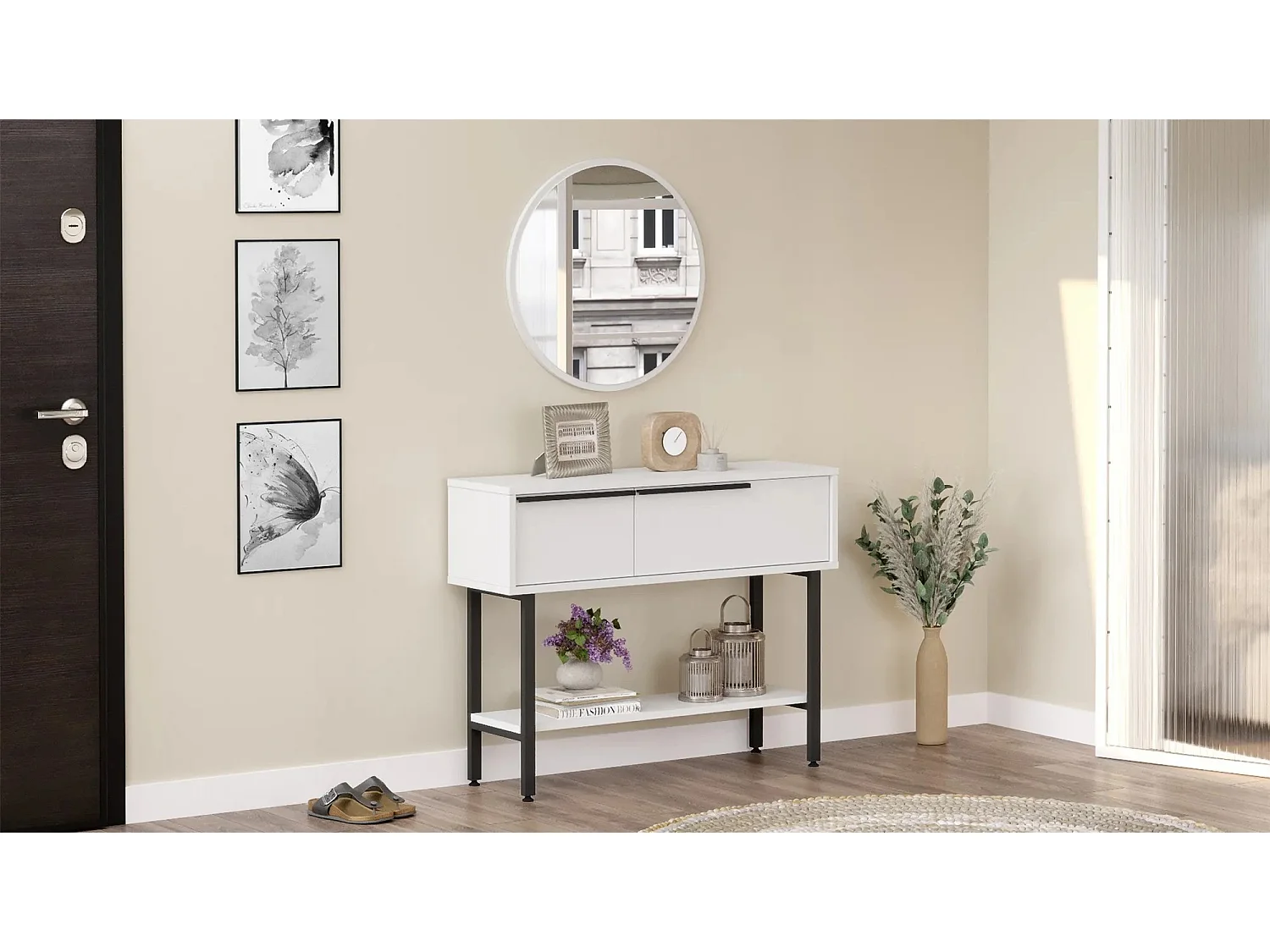 Console style industriel avec miroir Evelis Blanc