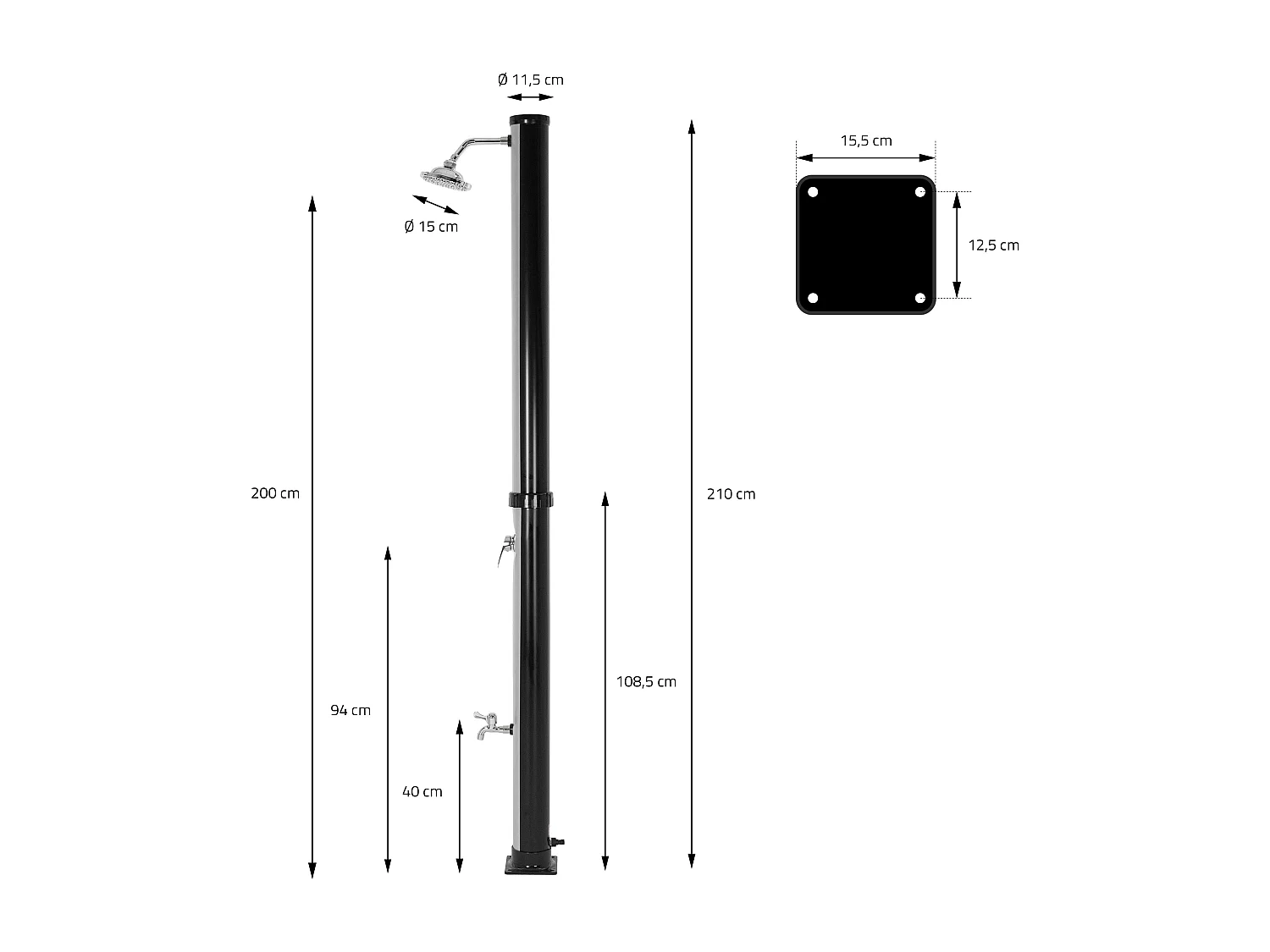 Ducha solar de jardín 20 L negro/plata cabezal ajustable grifo piscina camping