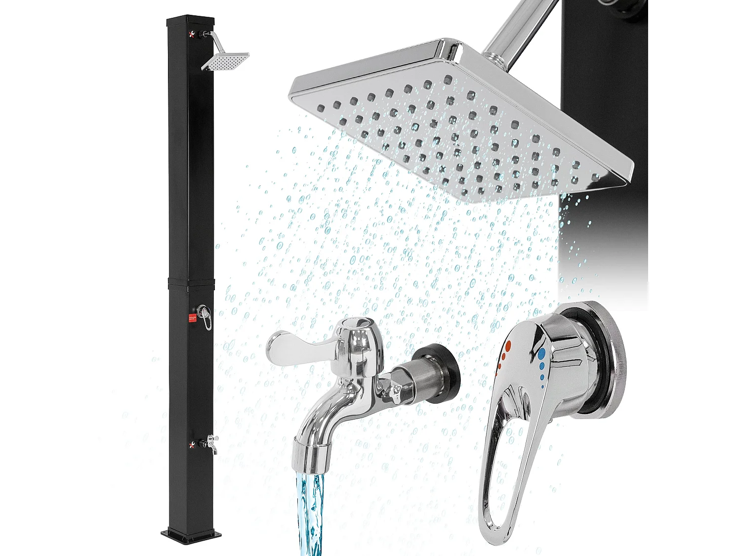 Douche solaire d'extérieur carré 40 L 217 cm + douche à pied et pomme de doucche