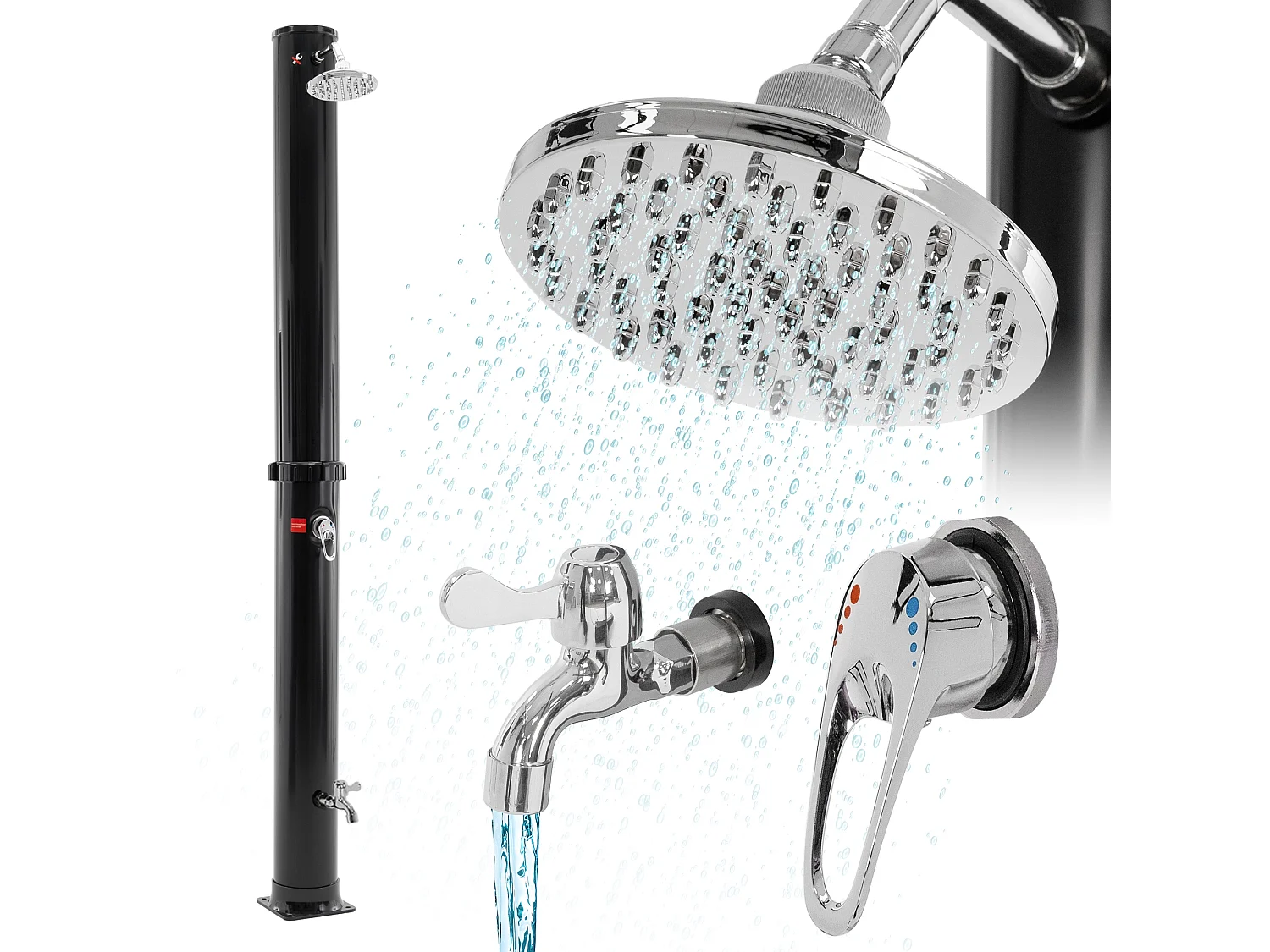 Douche solaire 35 litres avec pomme de douche effet pluie raccord d'eau 207 cm