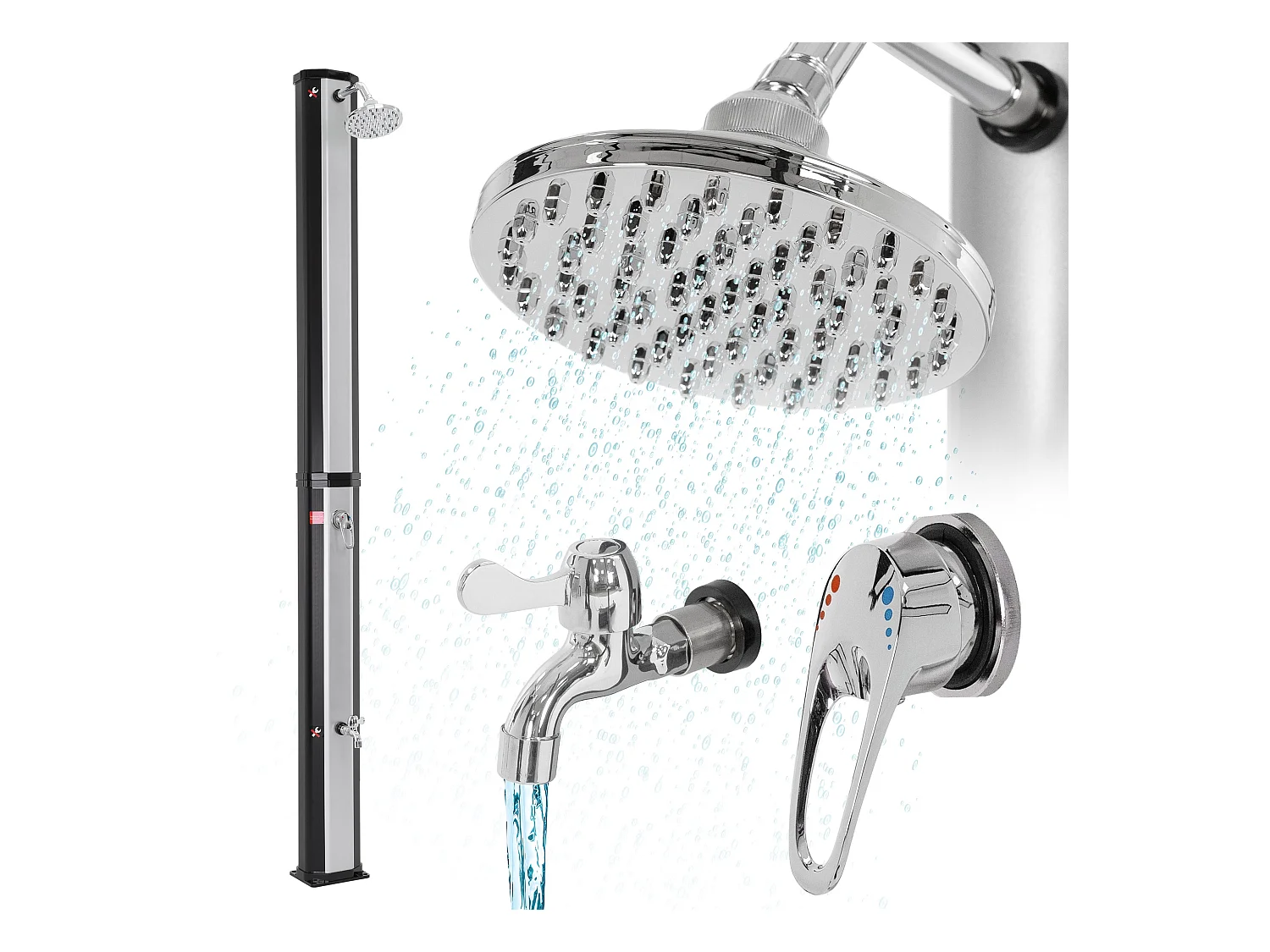Douche solaire pour l’extérieur 35 litres noir/argent + robinet raccord eau pied