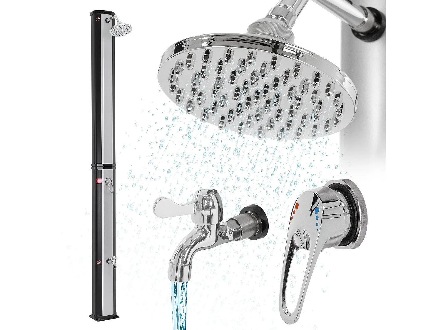 Douche solaire pour l’extérieur 35 litres noir/argent + robinet raccord eau pied