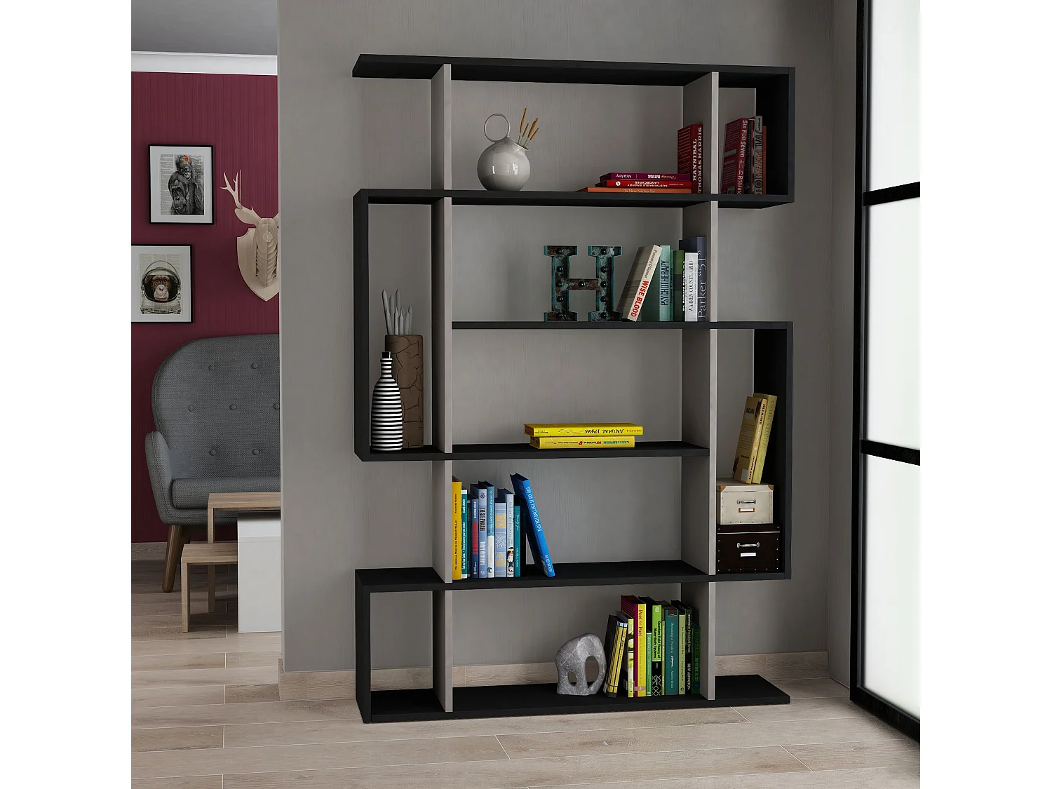 Étagère bibliothèque Kenzia L108cm Moka et Anthracite