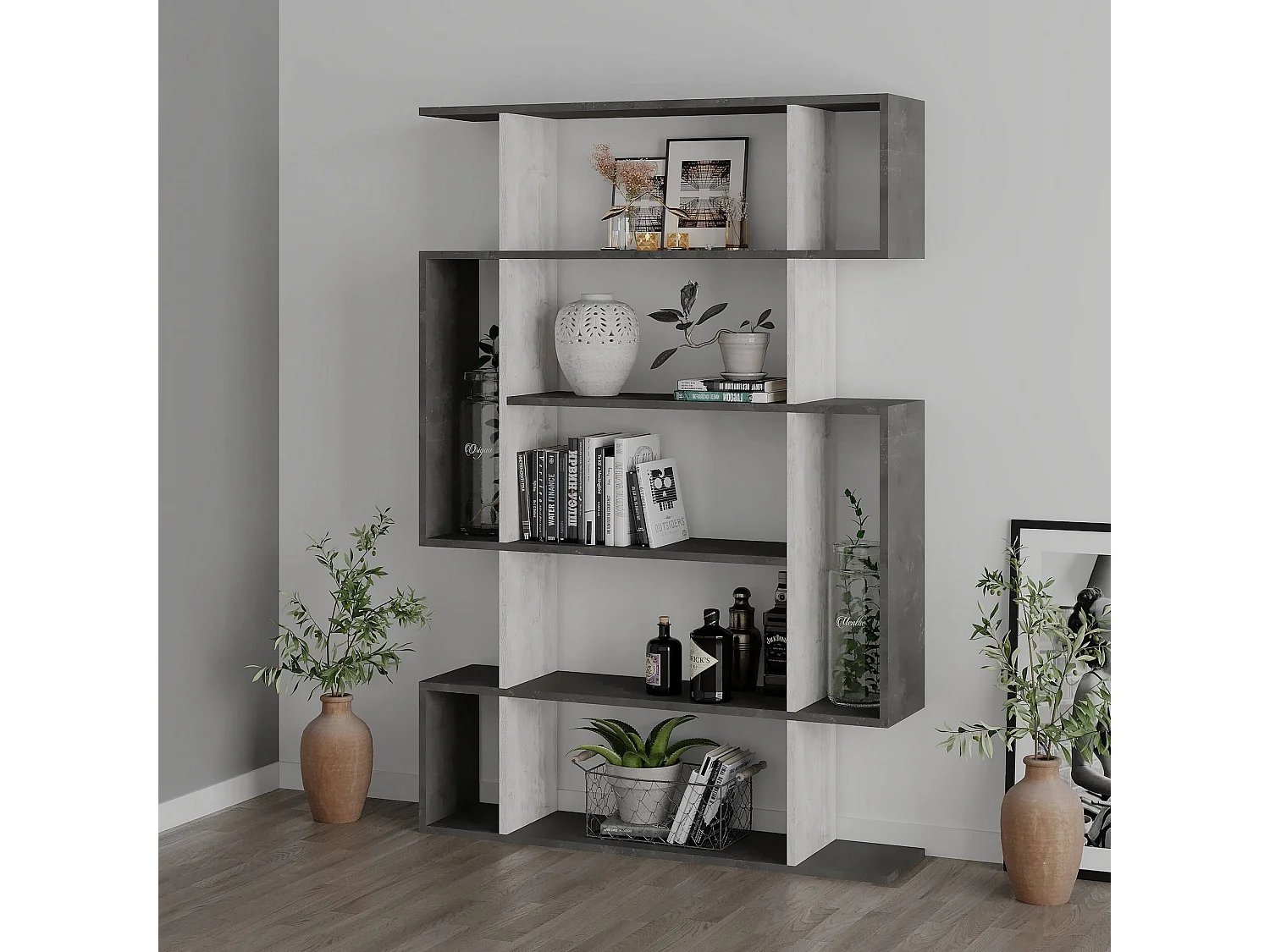 Étagère bibliothèque Yifan L108,5cm Bois Gris et Blanc