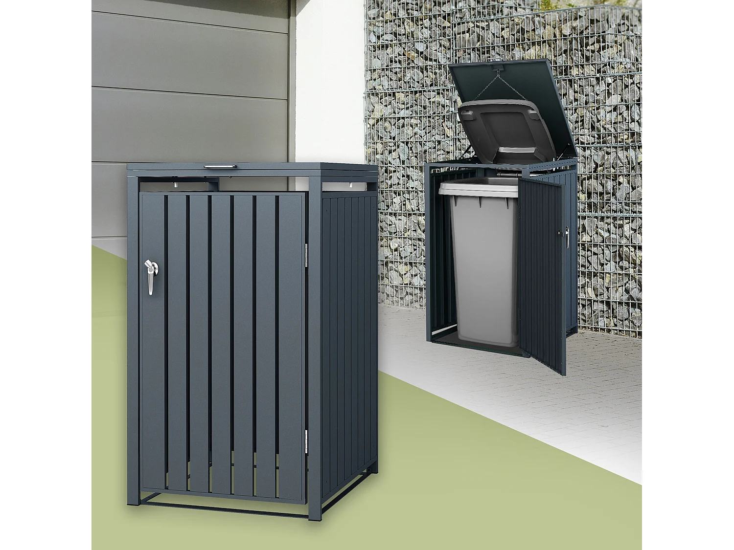 Abri pour 1 poubelle 68x80x116,3 cm capacité de 60 à 240 litres anthracite en acier couvercle rabattable et porte résistant aux intempéries