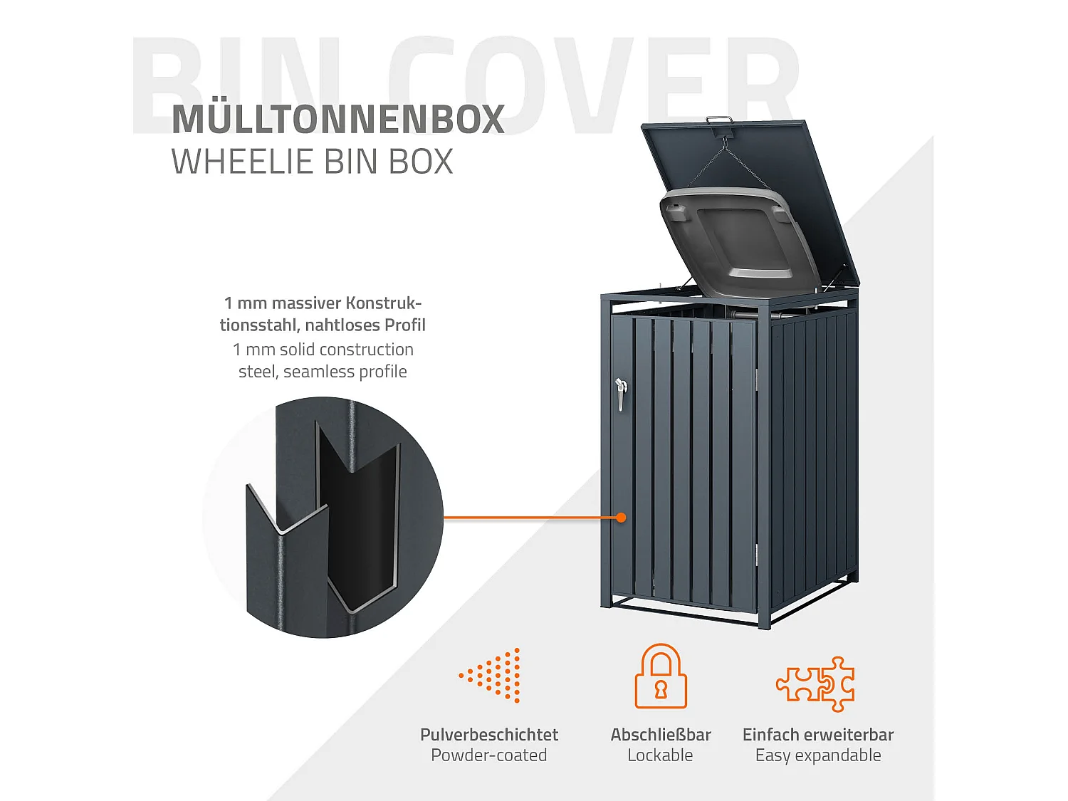 Abri pour 1 poubelle 68x80x116,3 cm capacité de 60 à 240 litres anthracite en acier couvercle rabattable et porte résistant aux intempéries