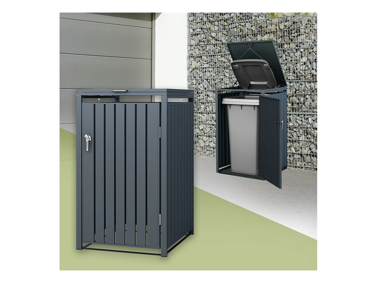 Abri pour 1 poubelle 68x80x116,3 cm capacité de 60 à 240 litres anthracite en acier couvercle rabattable et porte résistant aux intempéries