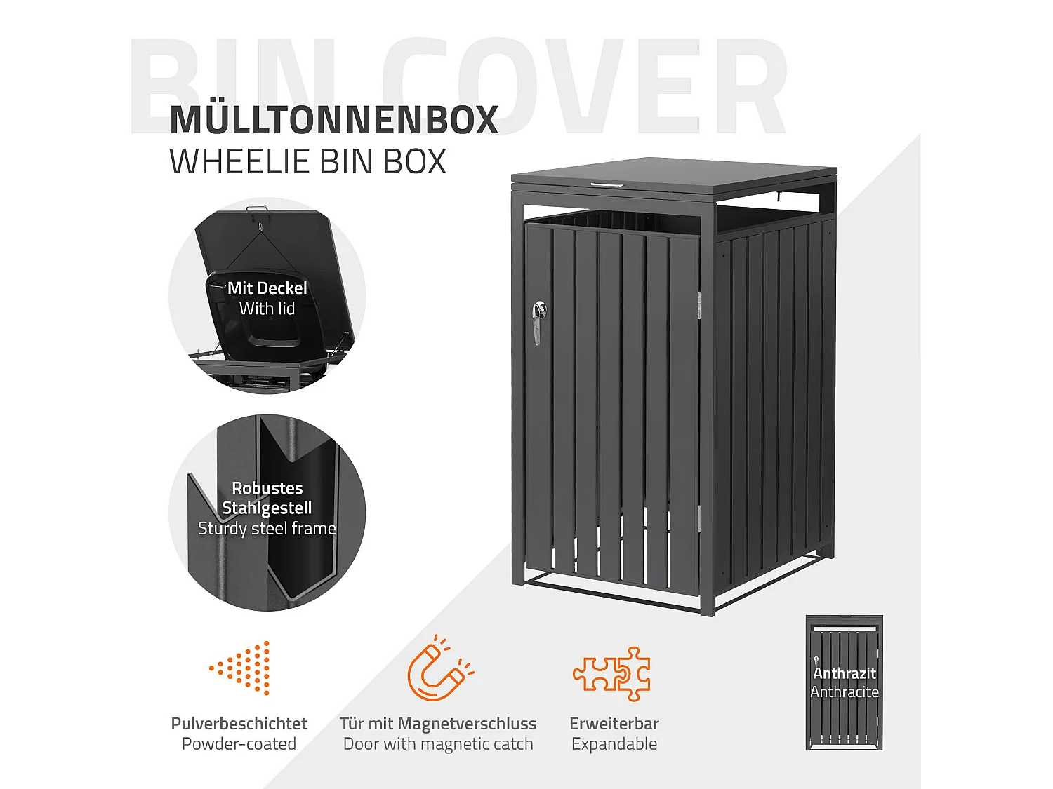 Abri pour 1 poubelle 68x80x120 cm capacité de 60 à 240 litres anthracite en acier couvercle rabattable et porte résistant aux intempéries