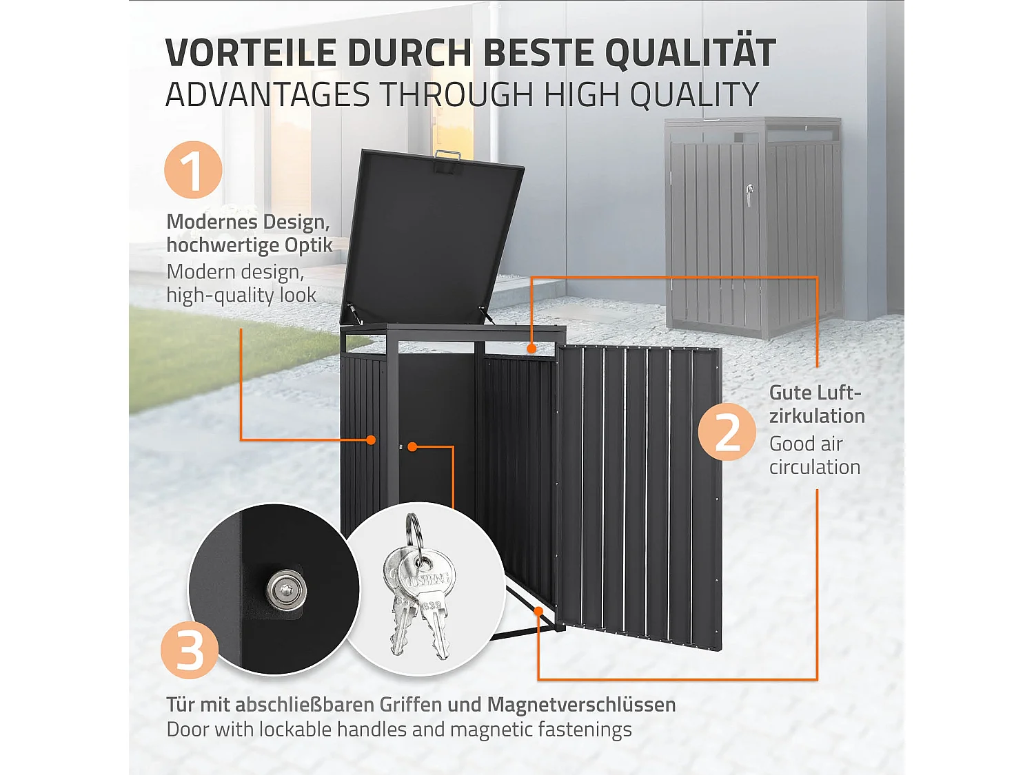 Abri pour 1 poubelle 68x80x120 cm capacité de 60 à 240 litres anthracite en acier couvercle rabattable et porte résistant aux intempéries