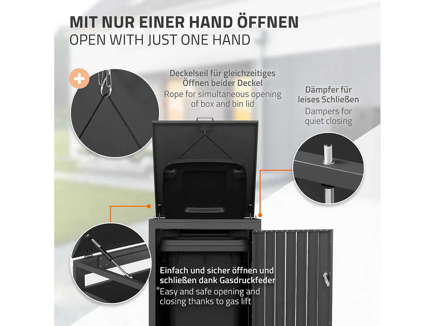 Abri pour 1 poubelle 68x80x120 cm capacité de 60 à 240 litres anthracite en acier couvercle rabattable et porte résistant aux intempéries