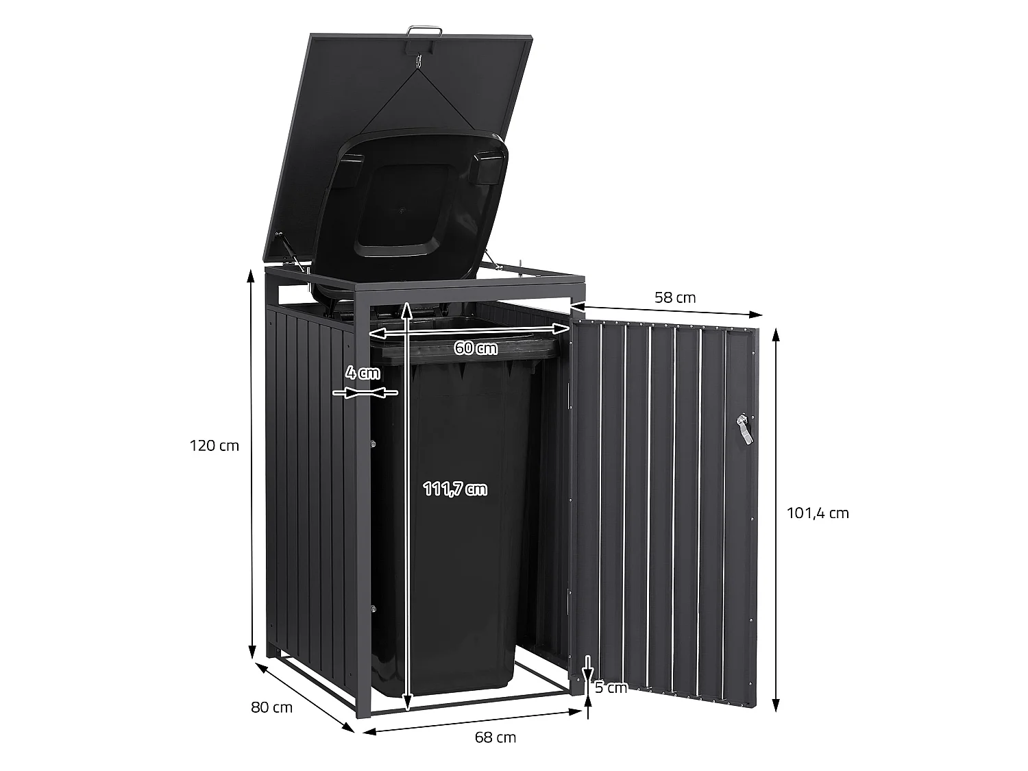 Abri pour 1 poubelle 68x80x120 cm capacité de 60 à 240 litres anthracite en acier couvercle rabattable et porte résistant aux intempéries