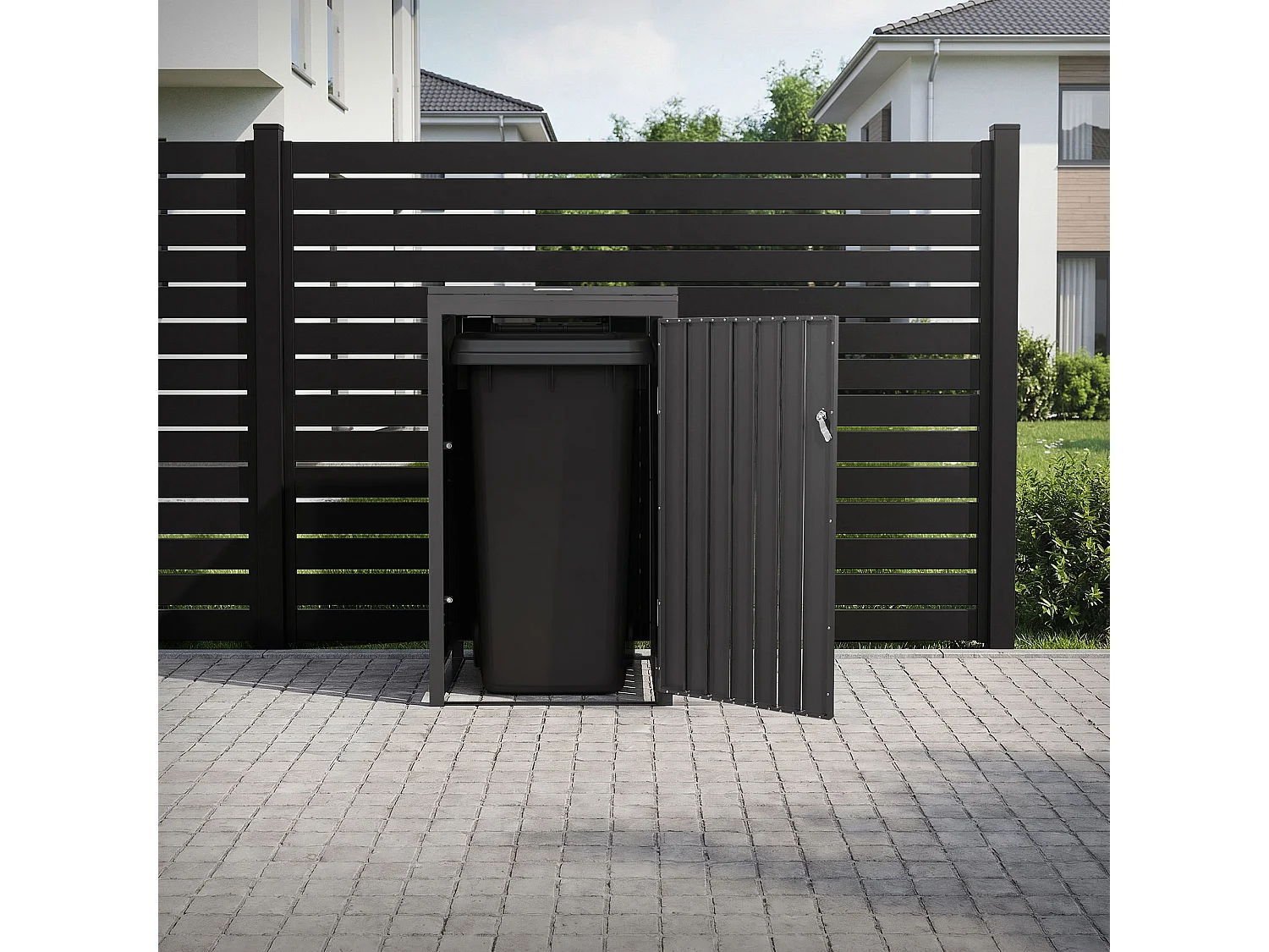 Abri pour 1 poubelle 68x80x120 cm capacité de 60 à 240 litres anthracite en acier couvercle rabattable et porte résistant aux intempéries