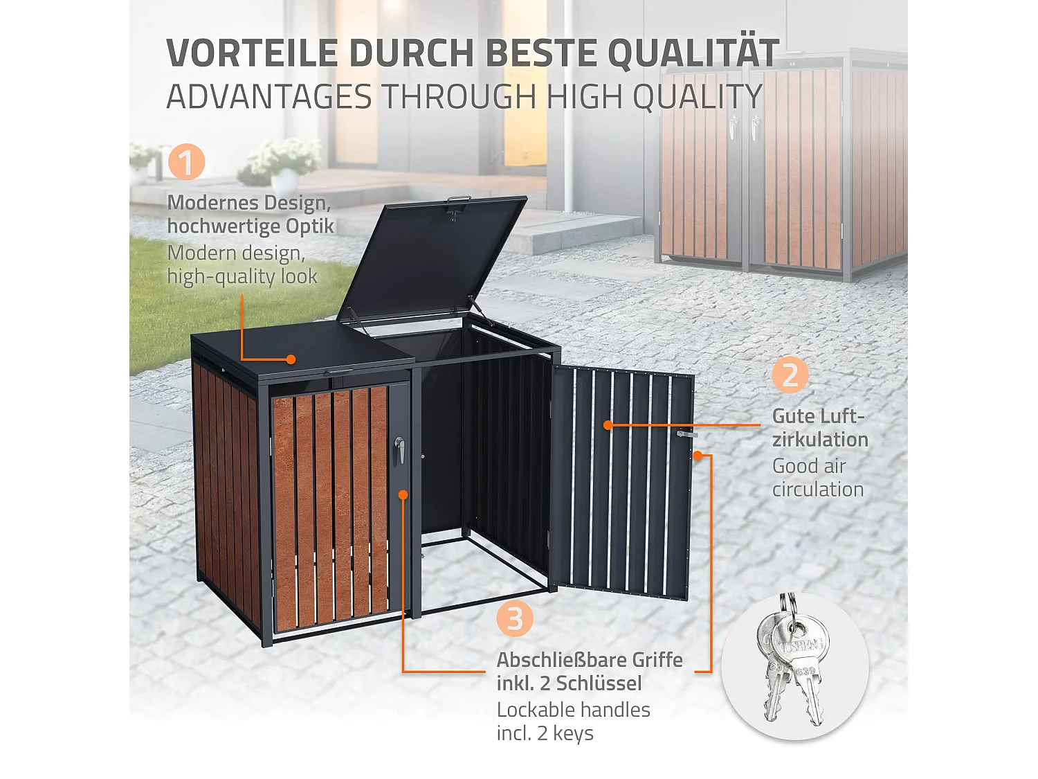 ML-Design Copribidoni per 3 bidoni da spazzatura 240L 200x80x116,3  cm antracite con effetto ruggine in acciaio contenitore per 3 bidoni per rifiuti