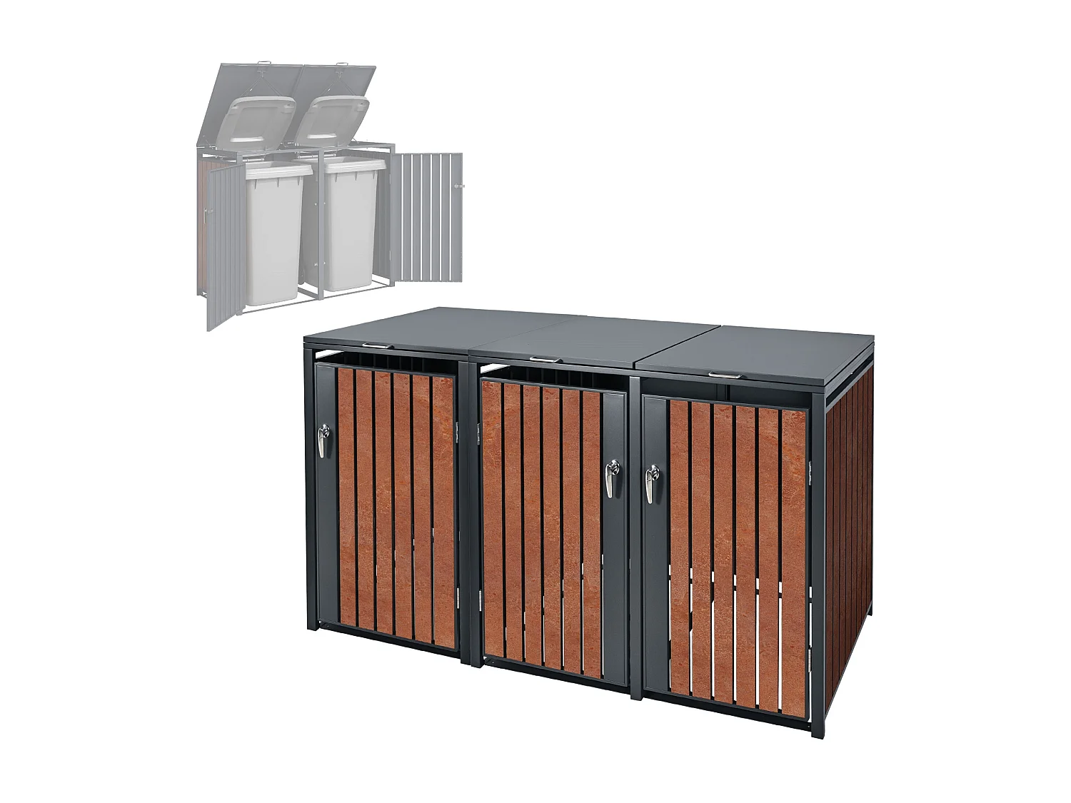 ML-Design Copribidoni per 3 bidoni da spazzatura 240L 200x80x116,3  cm antracite con effetto ruggine in acciaio contenitore per 3 bidoni per rifiuti