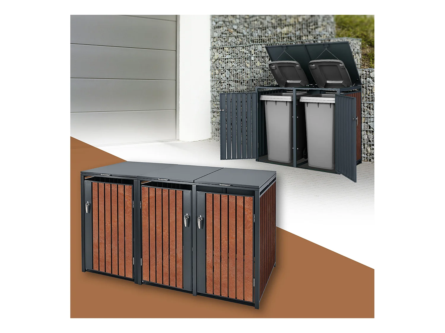 ML-Design Cobertizo de exterior para 3 cubos de basura de 200x80x116,3cm antracita y marrón óxido cubre contenedor con tapa, puerta y cerradura