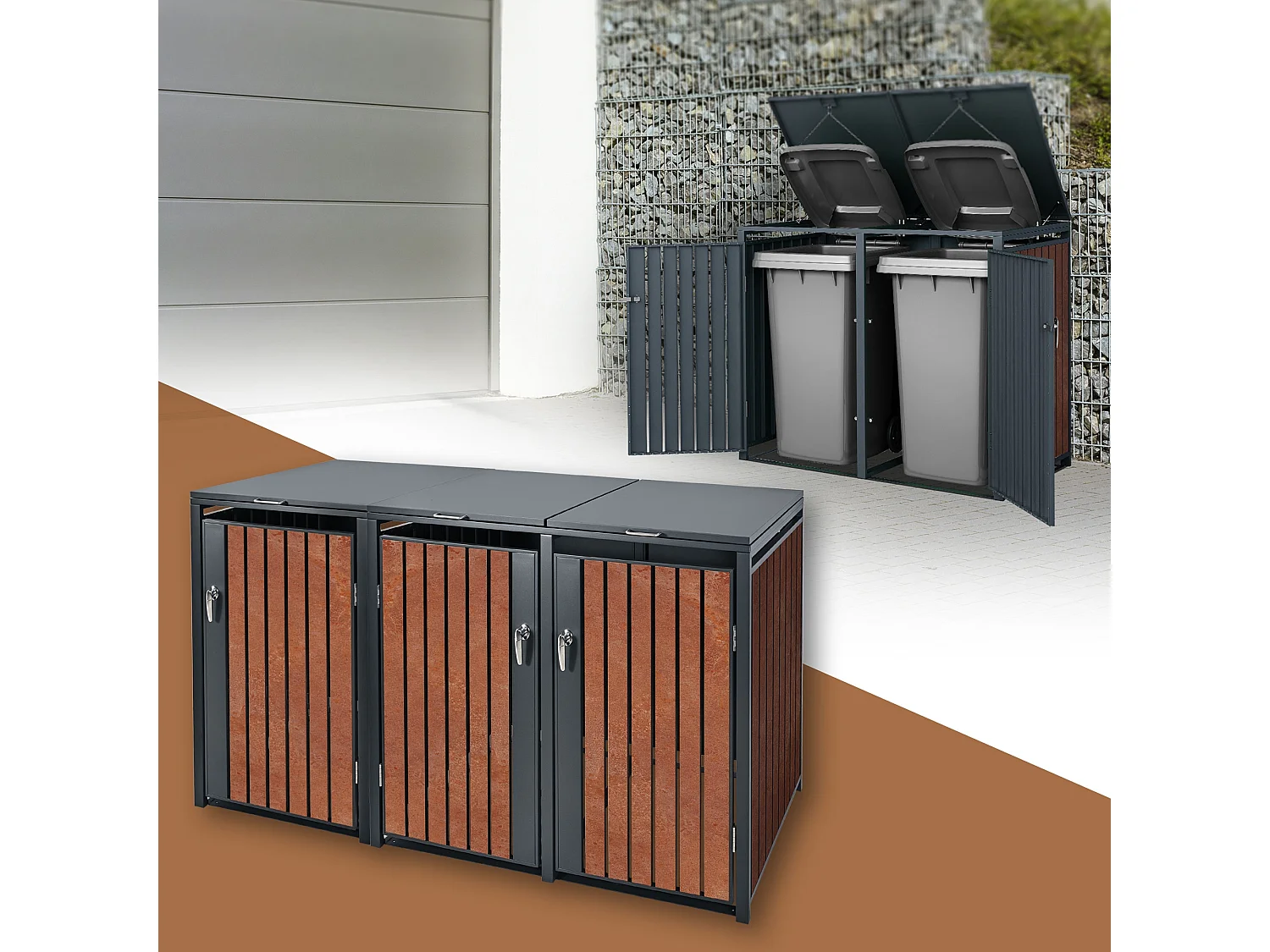 Abri pour 3 poubelles 200x80x116,3 cm capacité de 60L à 240L anthracite/aspect rouillé acier couvercle rabattable/3 portes résistant aux intempéries