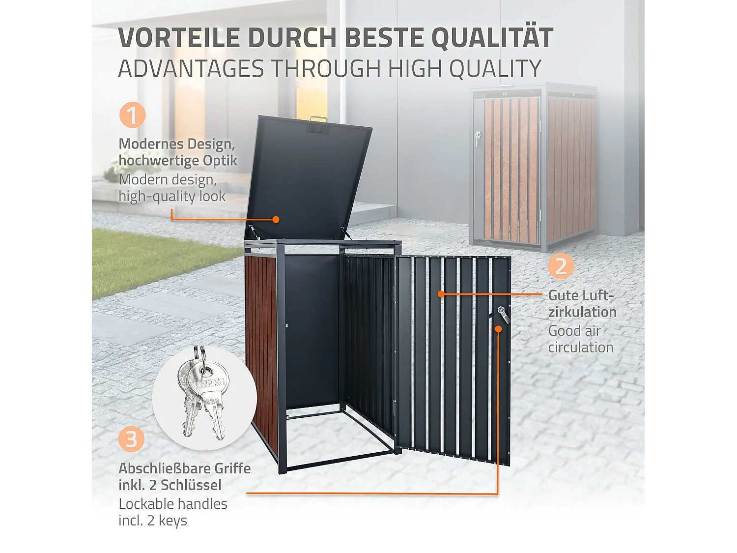 Abri pour 3 poubelles 200x80x116,3 cm capacité de 60L à 240L anthracite/aspect rouillé acier couvercle rabattable/3 portes résistant aux intempéries
