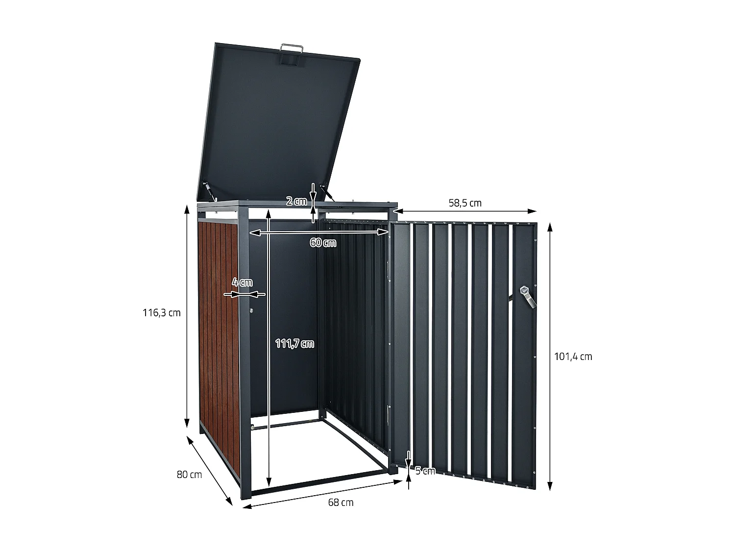 Abri pour 3 poubelles 200x80x116,3 cm capacité de 60L à 240L anthracite/aspect rouillé acier couvercle rabattable/3 portes résistant aux intempéries