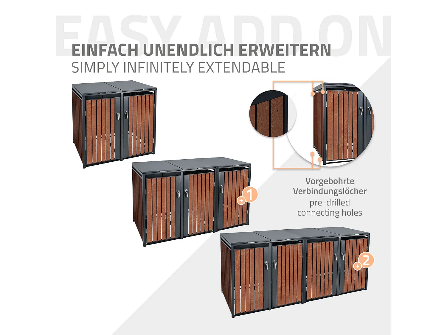 Abri pour 3 poubelles 200x80x116,3 cm capacité de 60L à 240L anthracite/aspect rouillé acier couvercle rabattable/3 portes résistant aux intempéries
