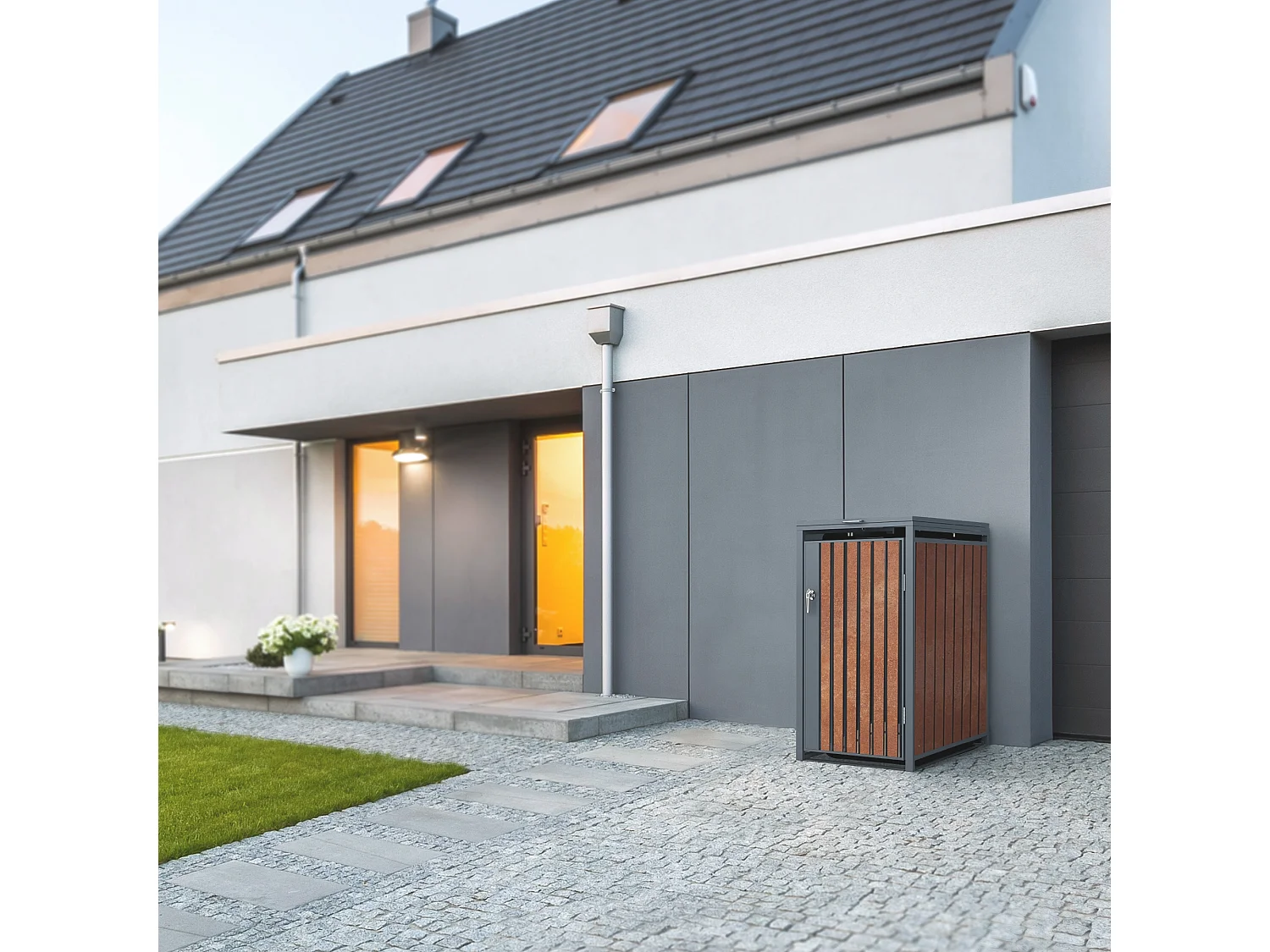 Abri pour 3 poubelles 200x80x116,3 cm capacité de 60L à 240L anthracite/aspect rouillé acier couvercle rabattable/3 portes résistant aux intempéries