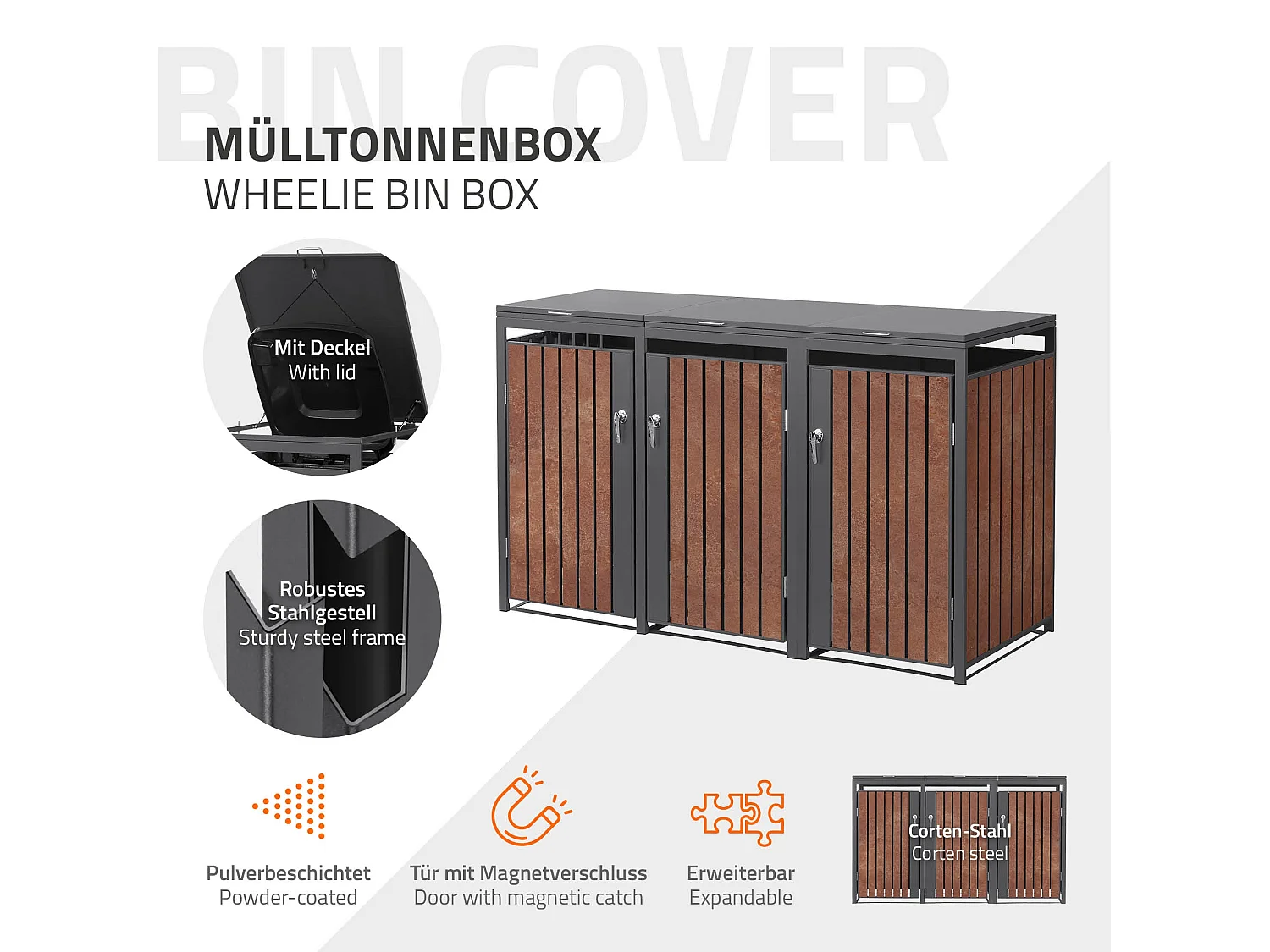 Abri pour 3 poubelles 200x80x120 cm capacité de 60L à 240L anthracite/aspect rouillé acier couvercle rabattable/3 portes résistant aux intempéries