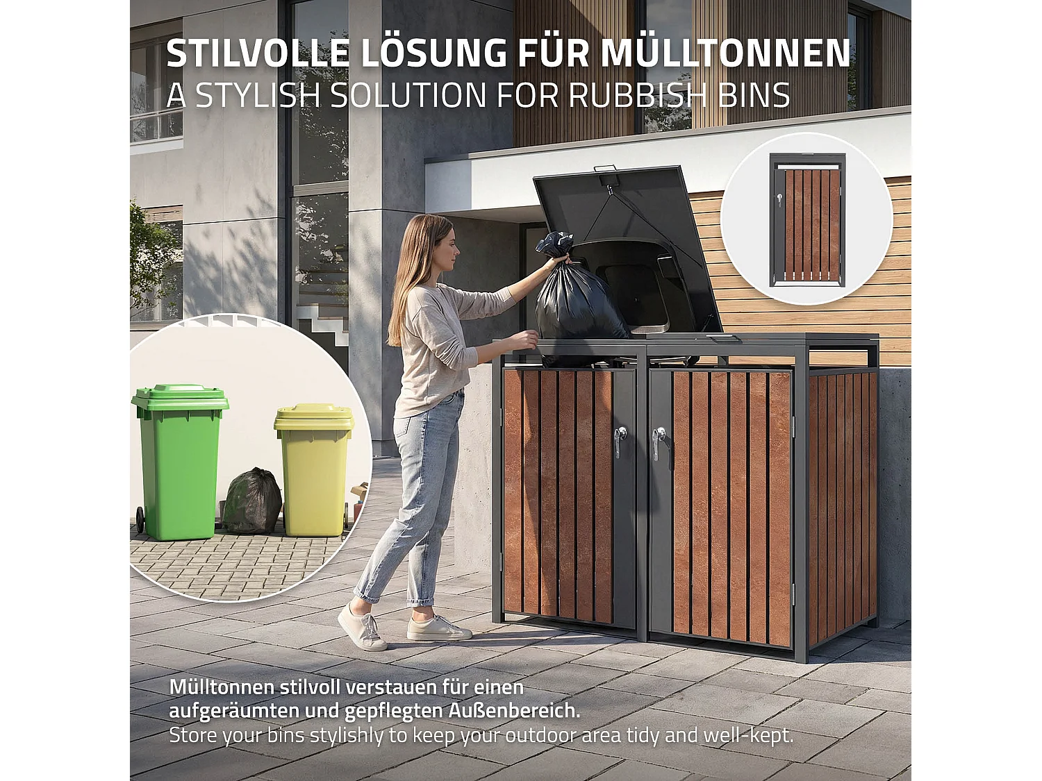 Abri pour 3 poubelles 200x80x120 cm capacité de 60L à 240L anthracite/aspect rouillé acier couvercle rabattable/3 portes résistant aux intempéries