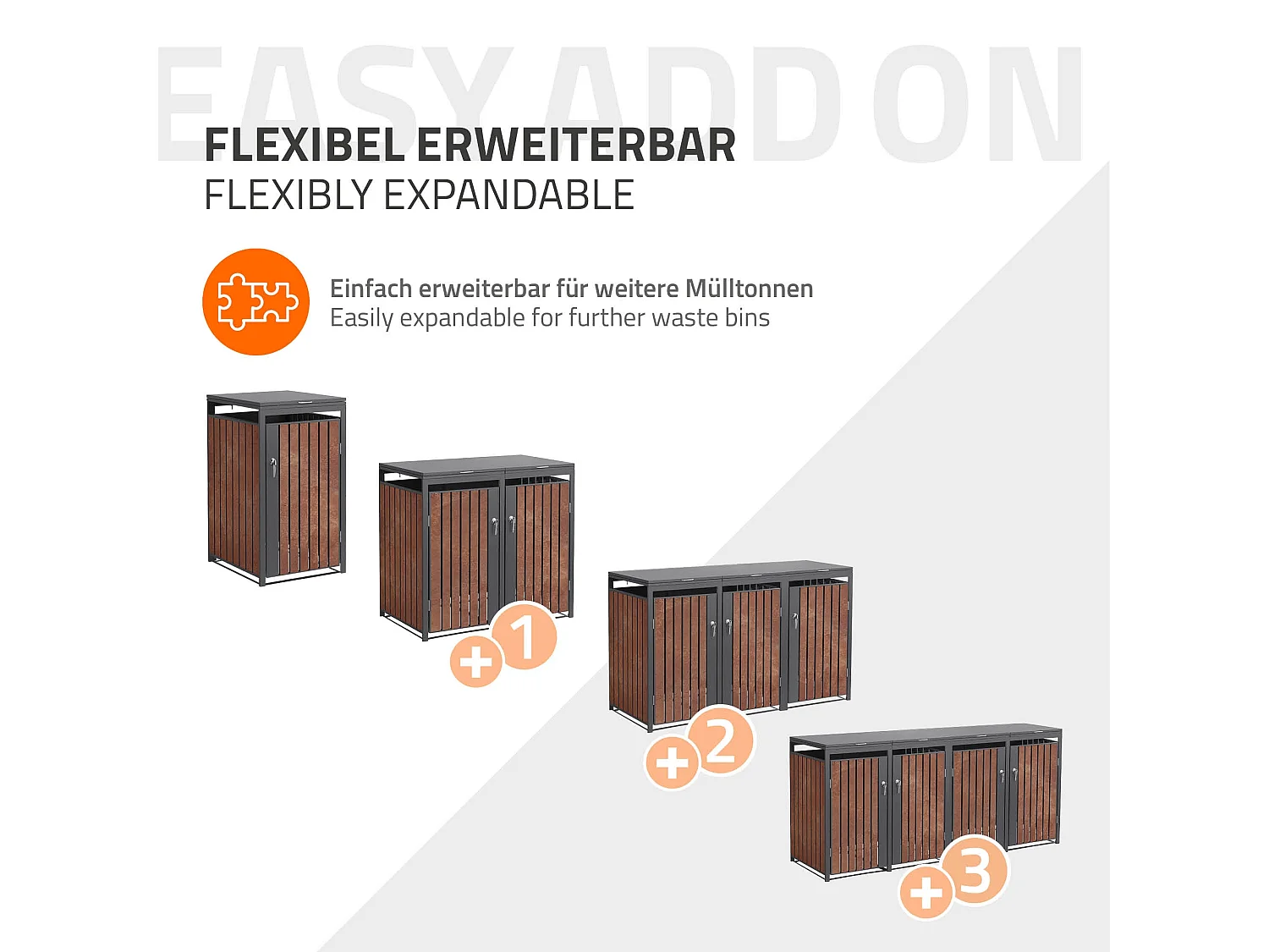 Abri pour 3 poubelles 200x80x120 cm capacité de 60L à 240L anthracite/aspect rouillé acier couvercle rabattable/3 portes résistant aux intempéries