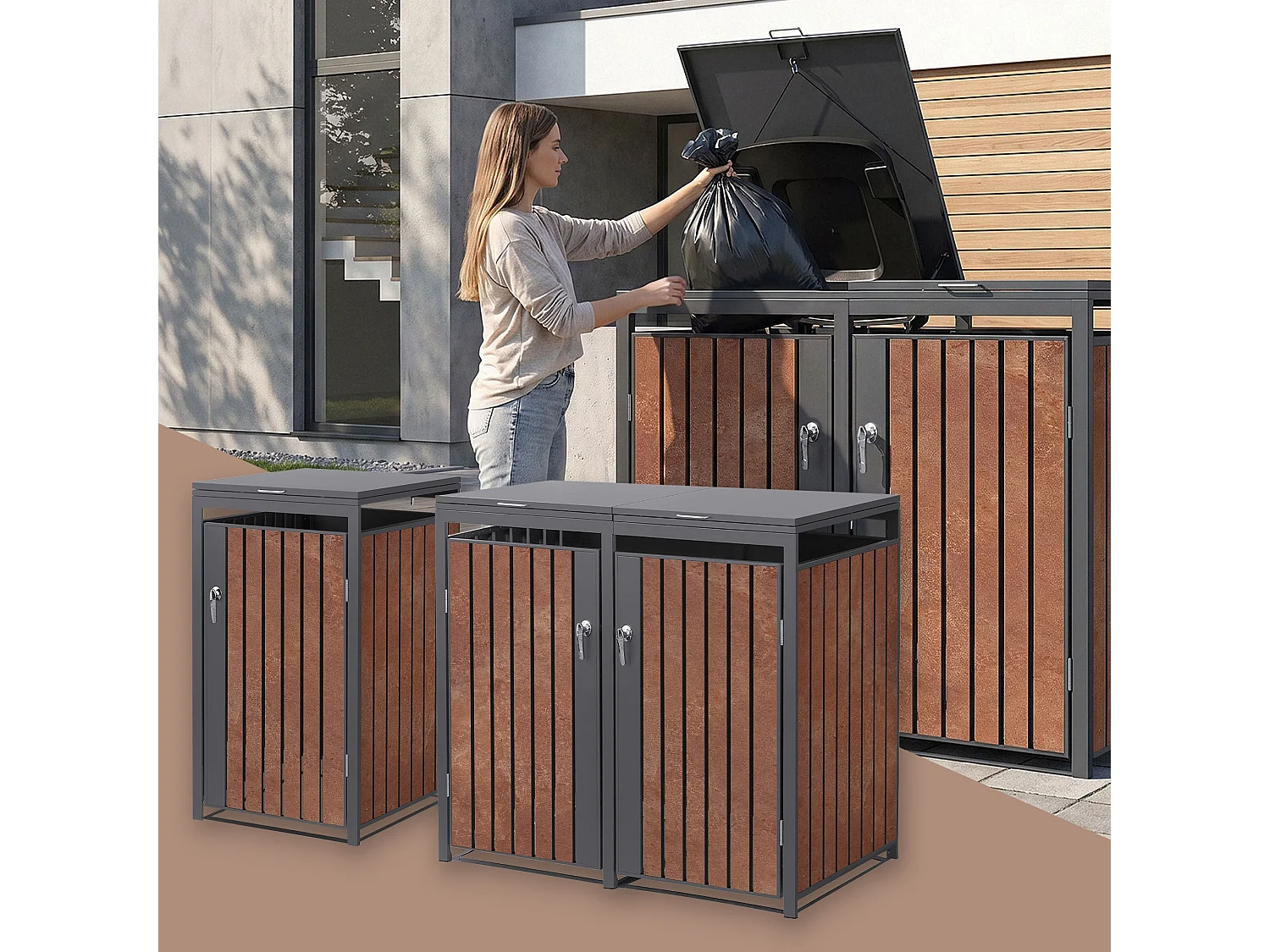Abri pour 3 poubelles 200x80x120 cm capacité de 60L à 240L anthracite/aspect rouillé acier couvercle rabattable/3 portes résistant aux intempéries