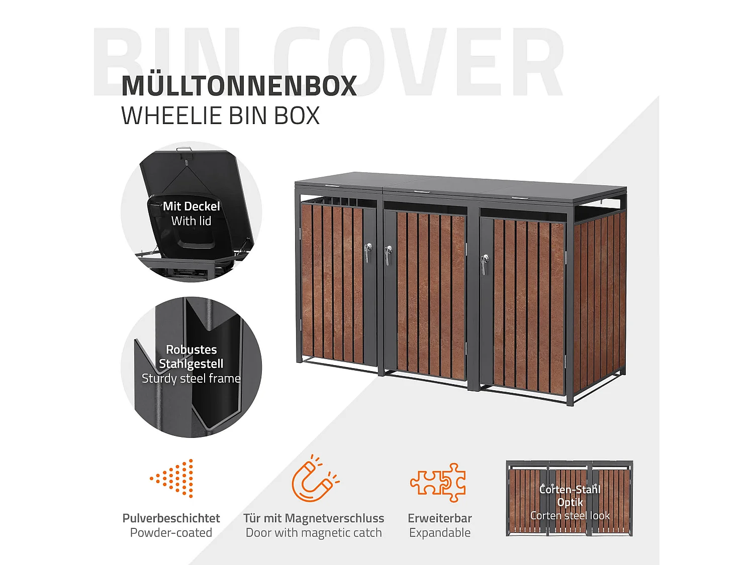 ML-Design Copribidoni per 3 bidoni da spazzatura 240L 200x80x120  cm antracite con effetto ruggine in acciaio contenitore per 3 bidoni per rifiuti