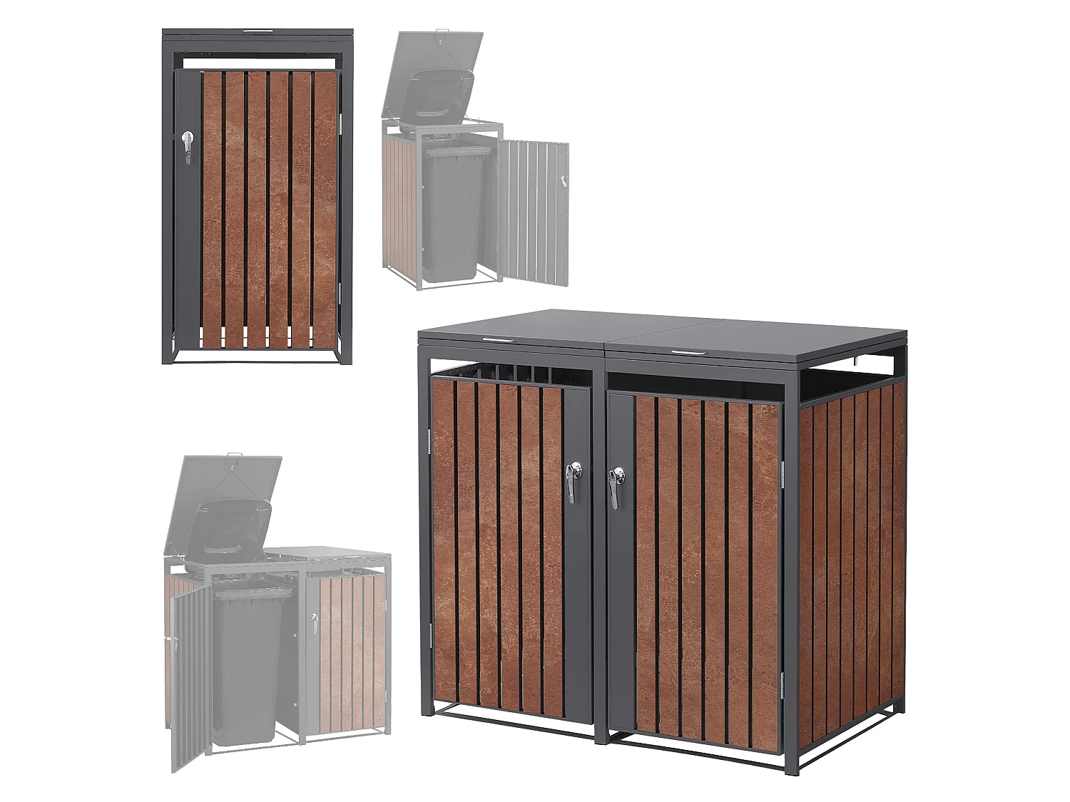 ML-Design Copribidoni per 3 bidoni da spazzatura 240L 200x80x120  cm antracite con effetto ruggine in acciaio contenitore per 3 bidoni per rifiuti
