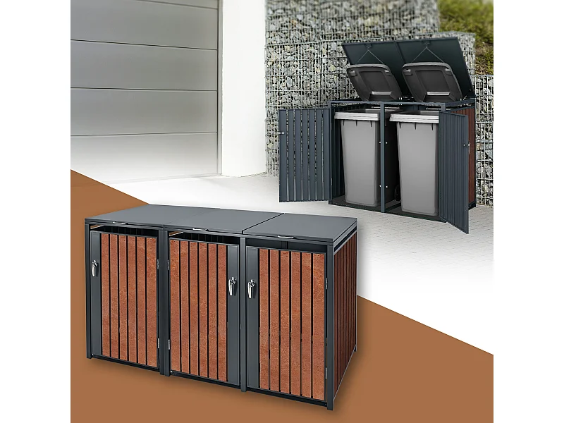 Abri pour 3 poubelles 200x80x116,3 cm capacité de 60L à 240L anthracite/aspect rouillé acier couvercle rabattable/3 portes résistant aux intempéries