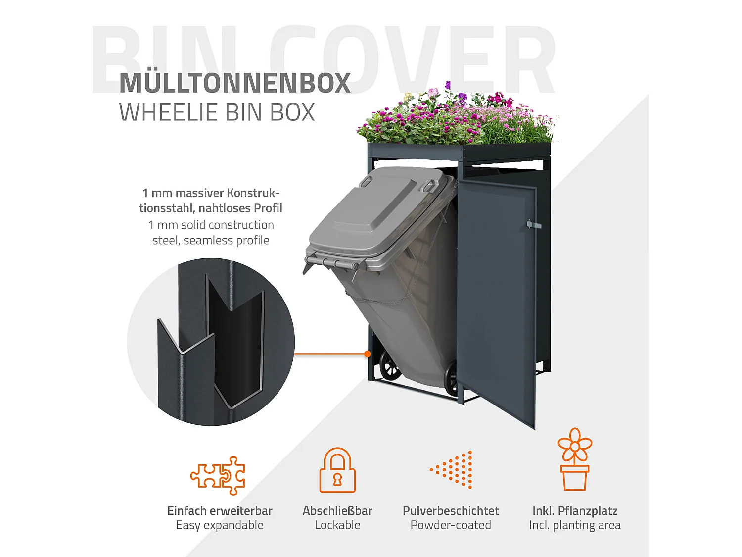 Abri pour 1 poubelle 68x80x124 cm capacité de 60L à 240L anthracite en acier avec toit pour plantes et fleurs / 1 porte résistant aux intempéries