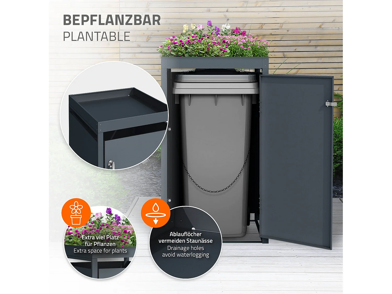 Abri pour 1 poubelle 68x80x124 cm capacité de 60L à 240L anthracite en acier avec toit pour plantes et fleurs / 1 porte résistant aux intempéries