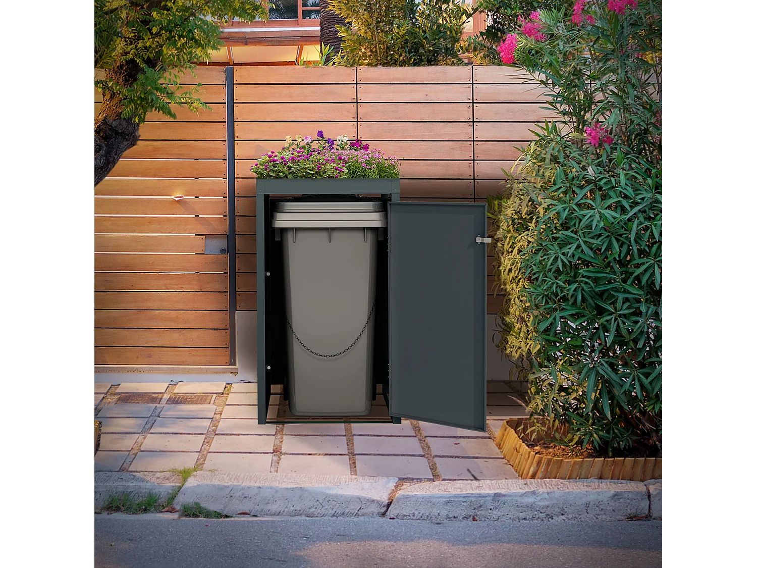 Abri pour 1 poubelle 68x80x124 cm capacité de 60L à 240L anthracite en acier avec toit pour plantes et fleurs / 1 porte résistant aux intempéries