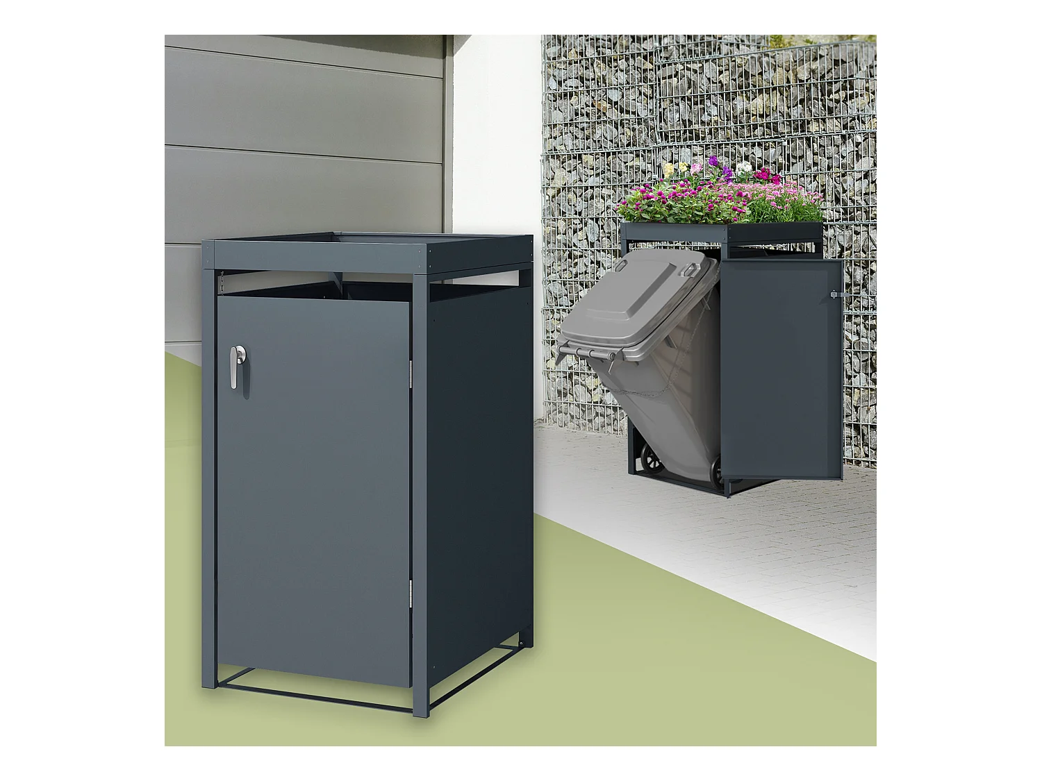 ML-Design Copribidone singolo 240L 68x80x124 cm con fioriera in acciaio antracite resistente alle intemperie contenitore per 1 bidone di rifiutti
