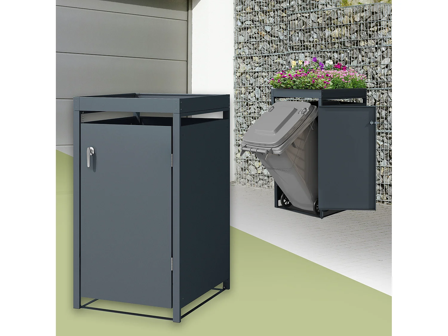 Abri pour 1 poubelle 68x80x124 cm capacité de 60L à 240L anthracite en acier avec toit pour plantes et fleurs / 1 porte résistant aux intempéries