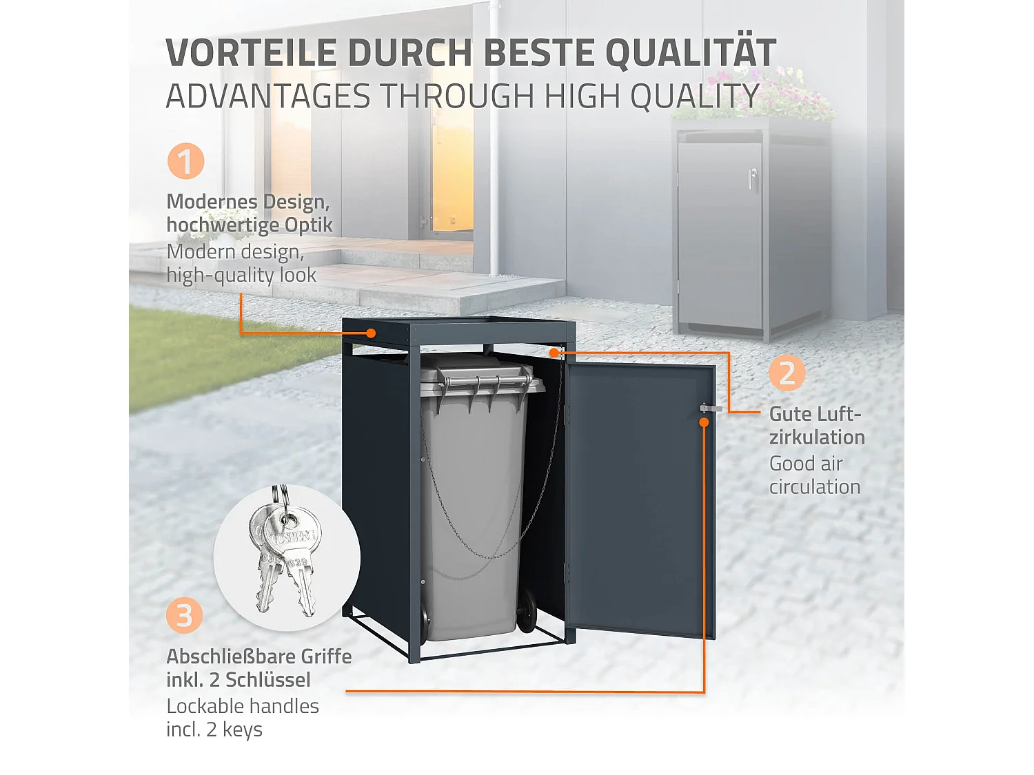 Abri pour 1 poubelle 68x80x124 cm capacité de 60L à 240L anthracite en acier avec toit pour plantes et fleurs / 1 porte résistant aux intempéries