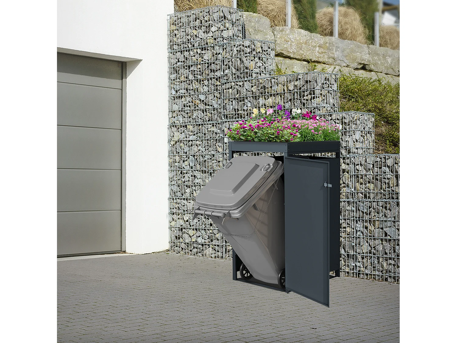 Abri pour 1 poubelle 68x80x124 cm capacité de 60L à 240L anthracite en acier avec toit pour plantes et fleurs / 1 porte résistant aux intempéries