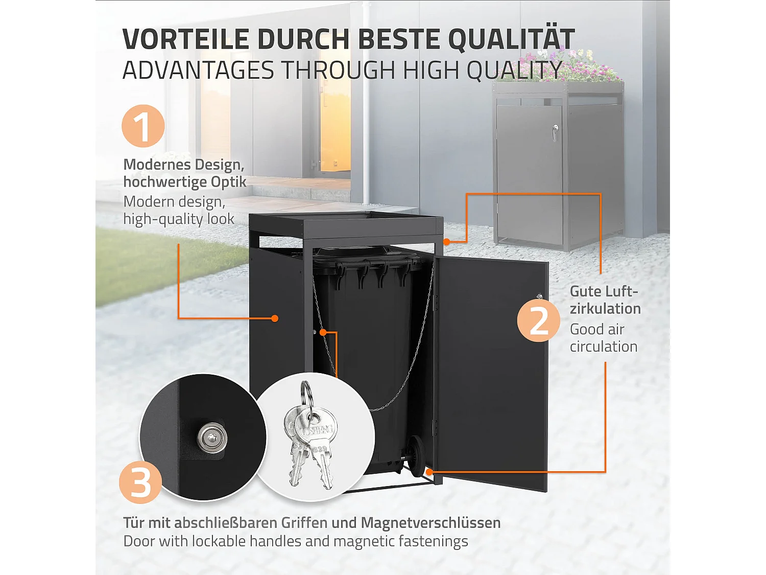 ML-Design Cobertizo exterior para ocultar cubos de basura 240L 68x80x124cm antracita caseta de acero incluye cubierta con macetero puerta y cerradura