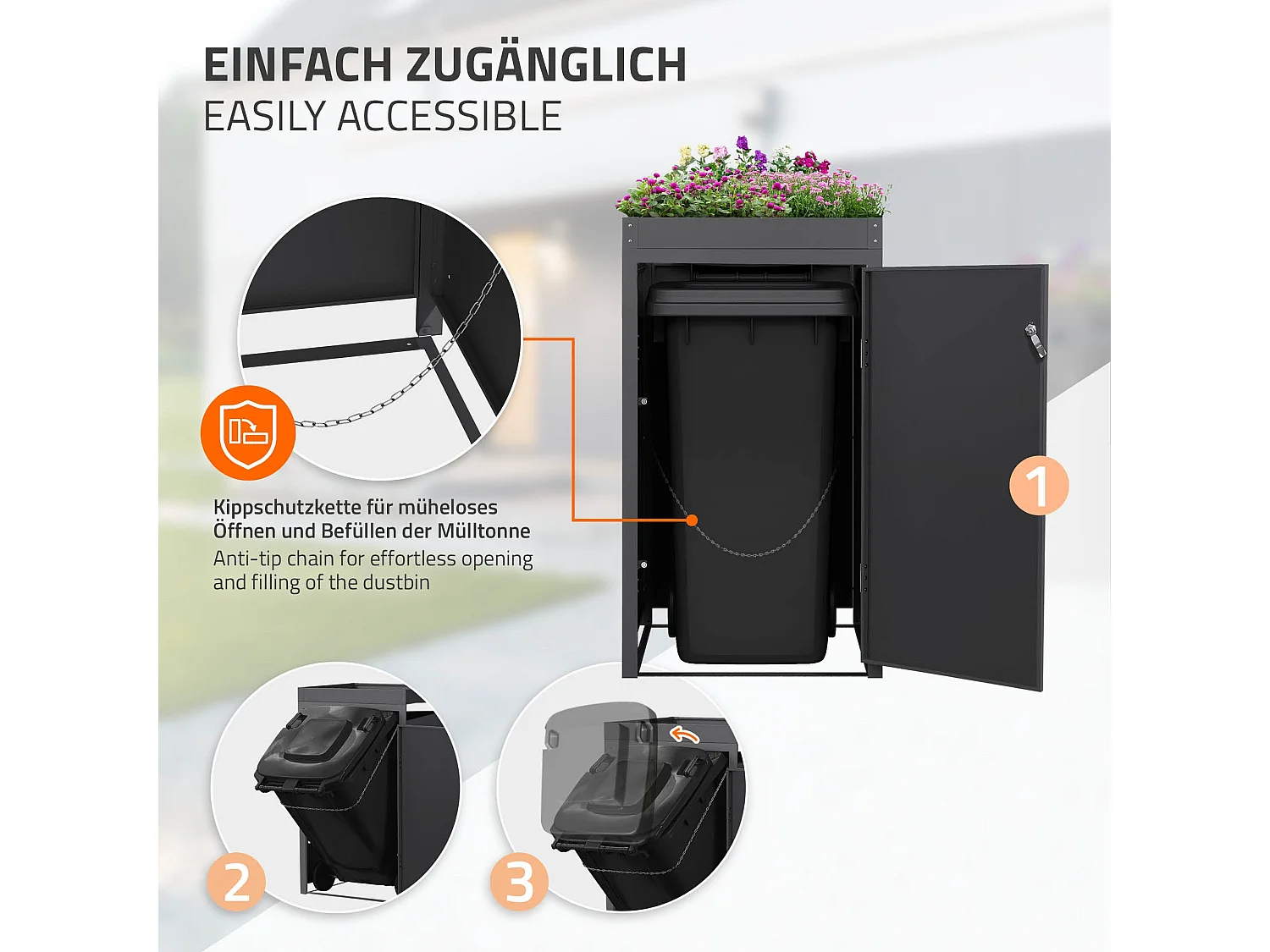 ML-Design Cobertizo exterior para ocultar cubos de basura 240L 68x80x124cm antracita caseta de acero incluye cubierta con macetero puerta y cerradura