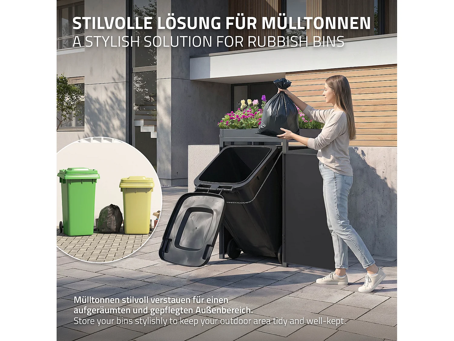 ML-Design Cobertizo exterior para ocultar cubos de basura 240L 68x80x124cm antracita caseta de acero incluye cubierta con macetero puerta y cerradura