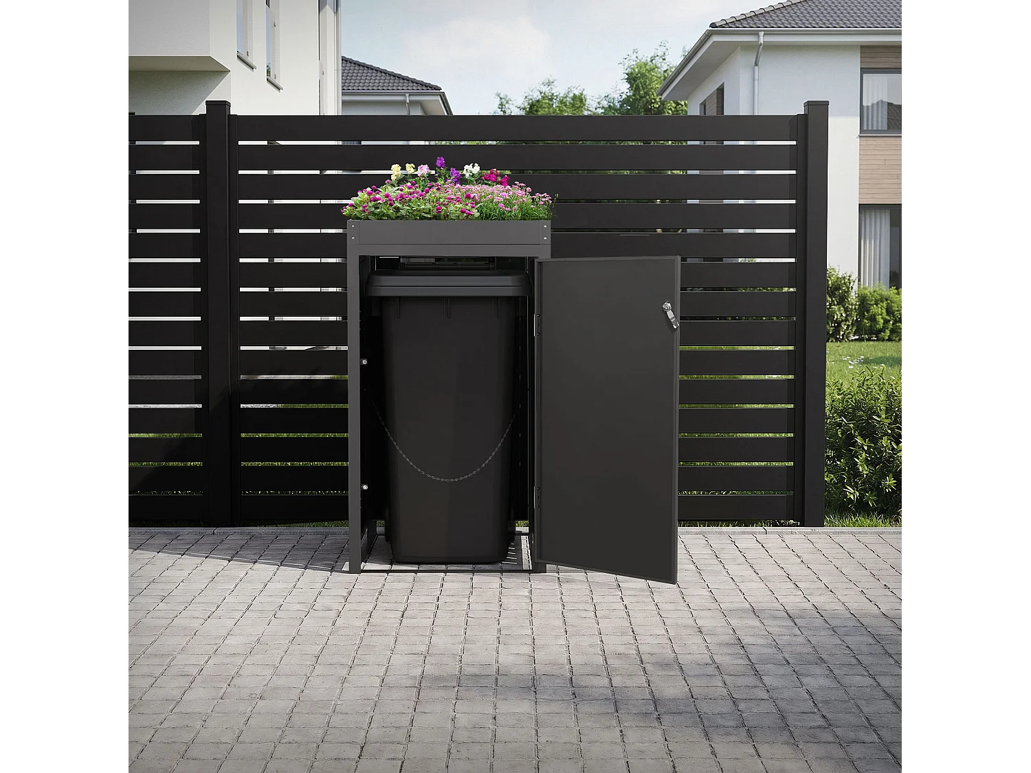 ML-Design Cobertizo exterior para ocultar cubos de basura 240L 68x80x124cm antracita caseta de acero incluye cubierta con macetero puerta y cerradura