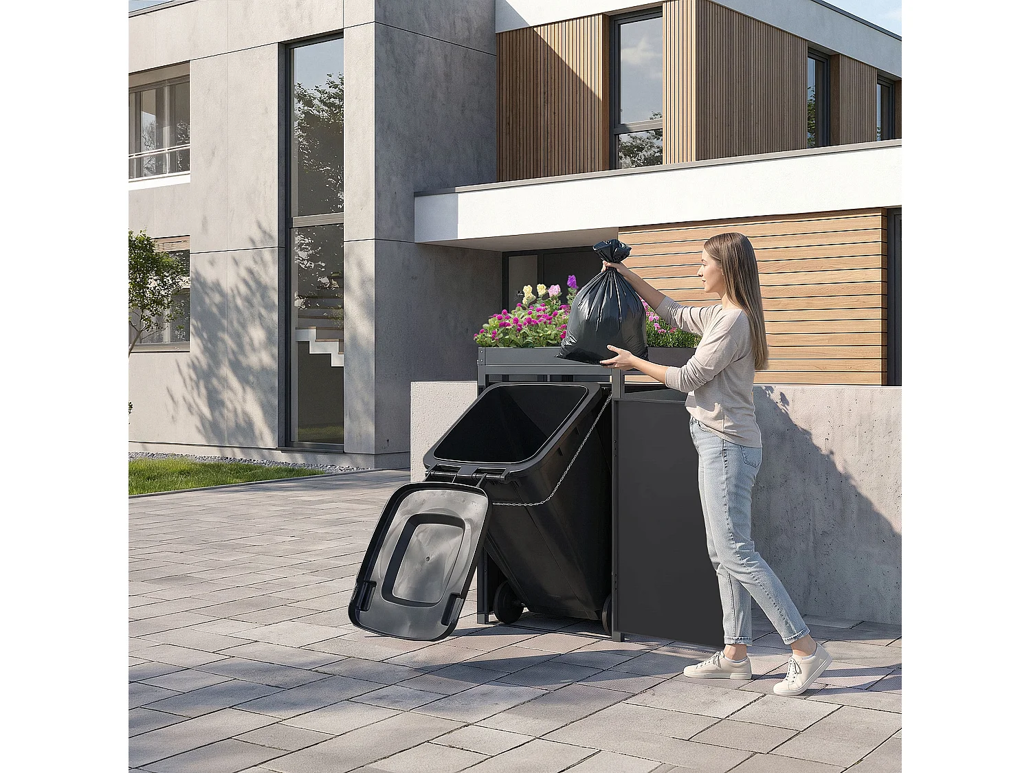 ML-Design Cobertizo exterior para ocultar cubos de basura 240L 68x80x124cm antracita caseta de acero incluye cubierta con macetero puerta y cerradura