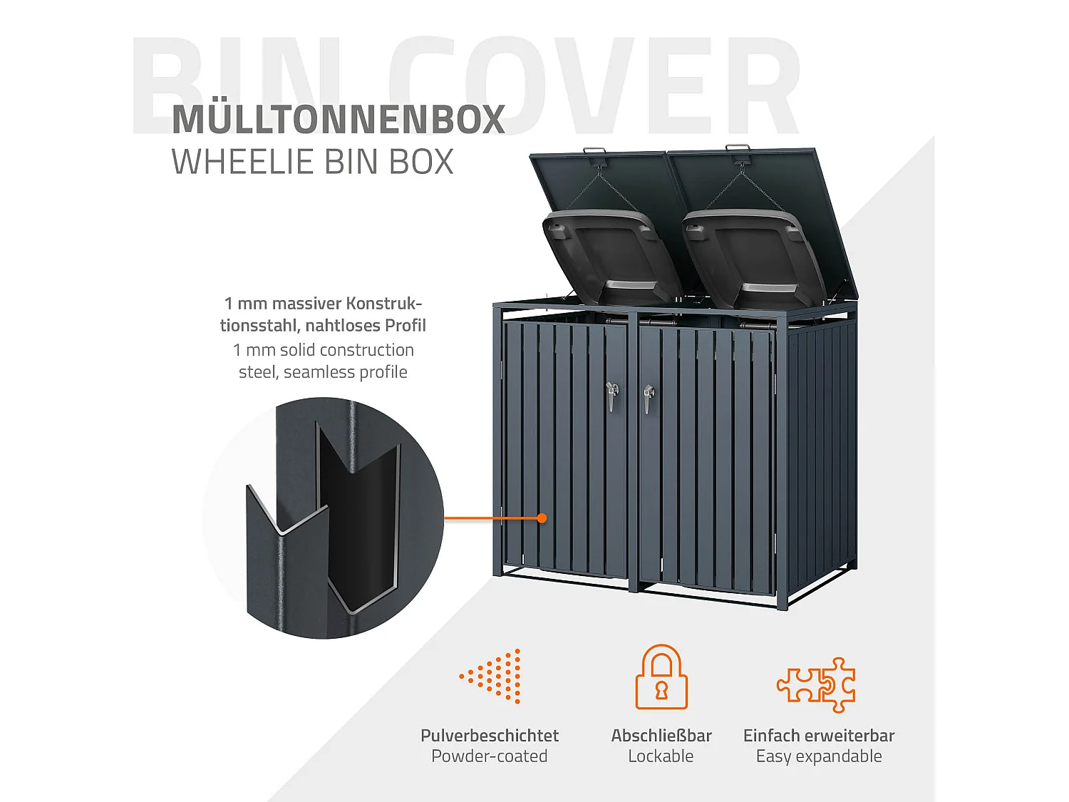 Abri pour 2 poubelles 132x80x116,3 cm 60 à 240 litres par compartiment anthracite acier couvercle rabattable et 2 portes résistant aux intempéries