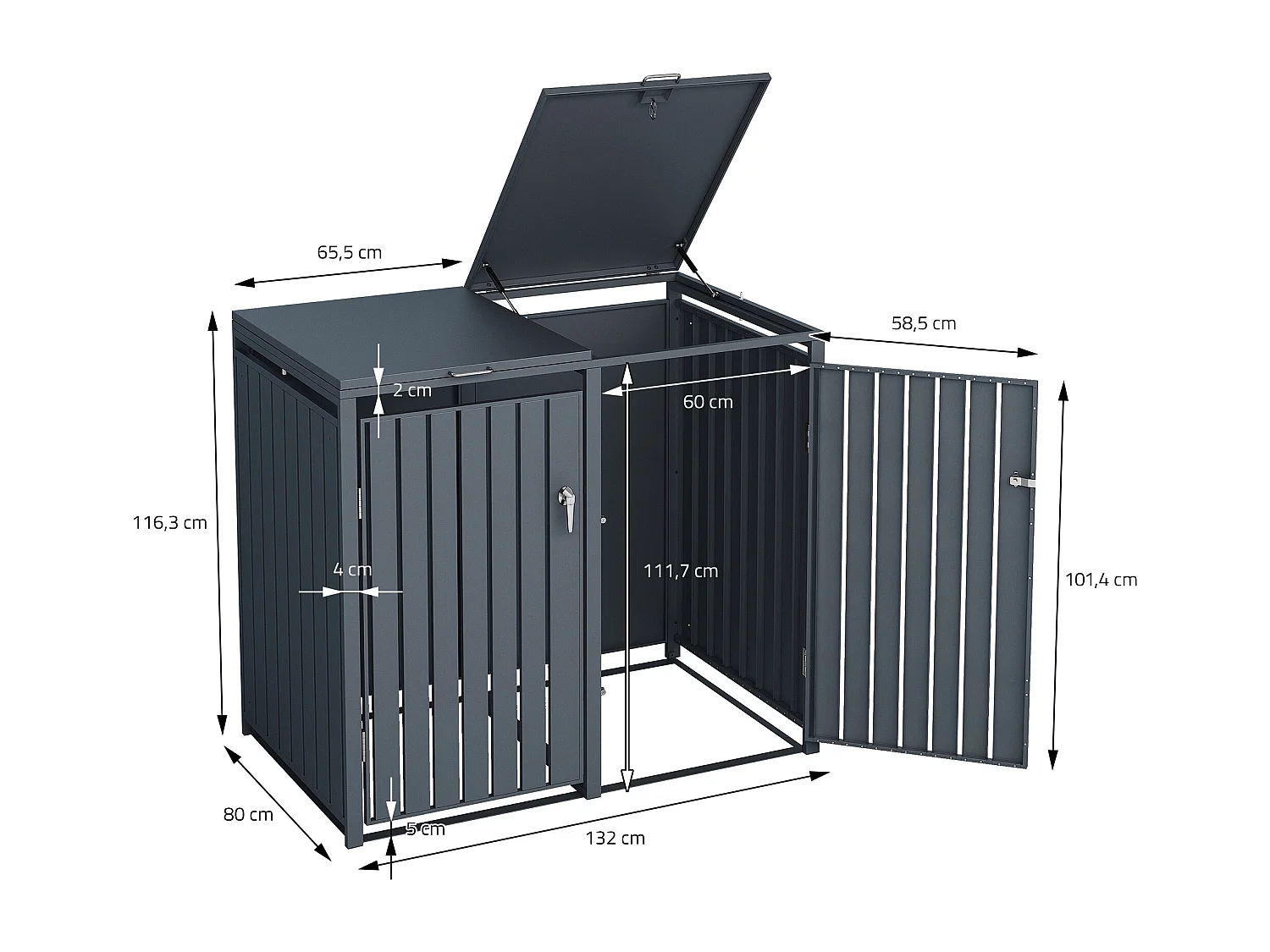 Abri pour 2 poubelles 132x80x116,3 cm 60 à 240 litres par compartiment anthracite acier couvercle rabattable et 2 portes résistant aux intempéries