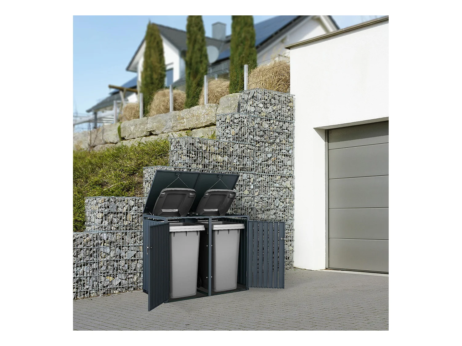 Abri pour 2 poubelles 132x80x116,3 cm 60 à 240 litres par compartiment anthracite acier couvercle rabattable et 2 portes résistant aux intempéries
