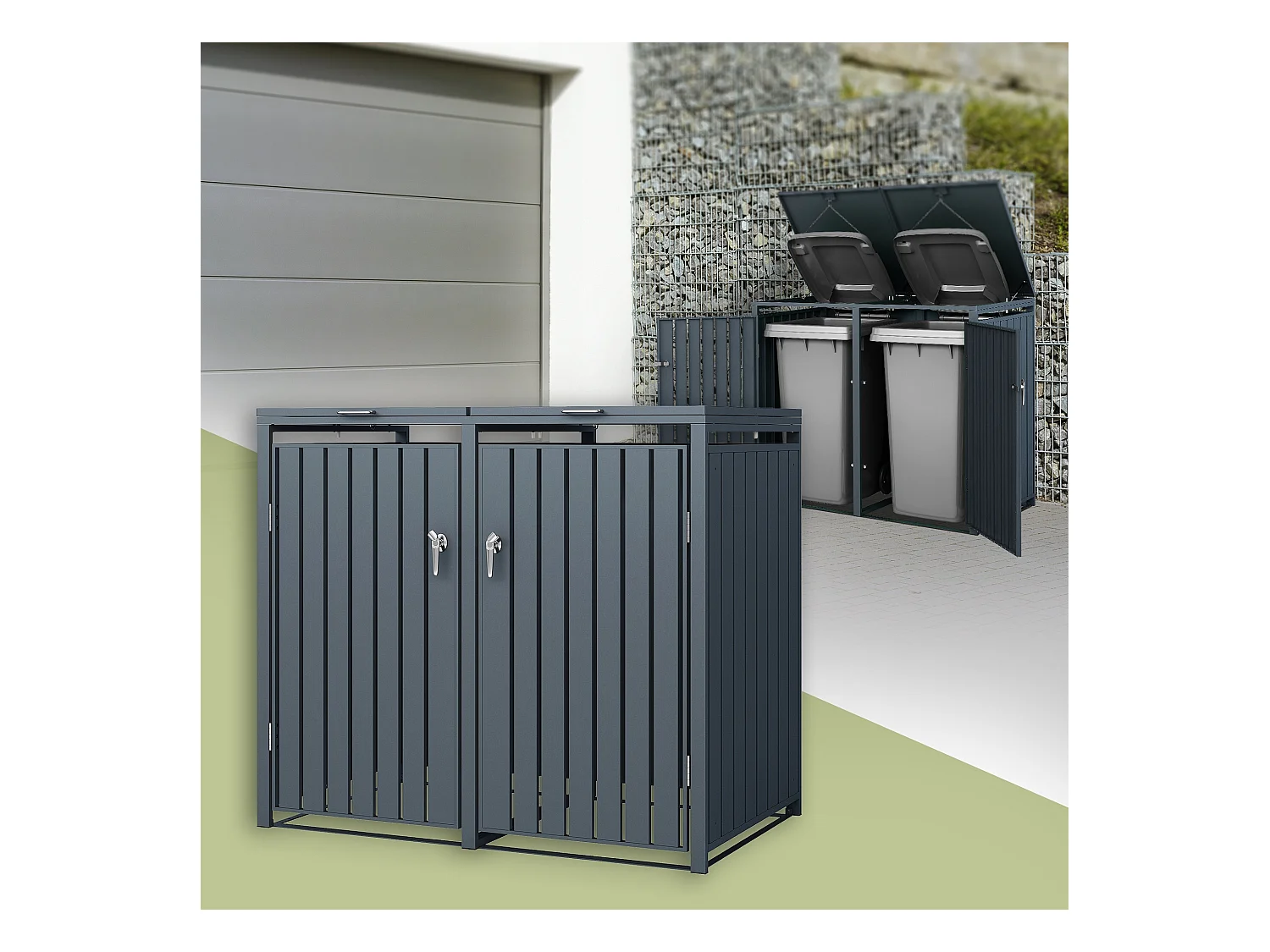 ML-Design Cobertizo de exterior para 2 cubos de basura de 132x80x116,3cm antracita cubre contenedor con valla maciza separadora pantalla de privacidad
